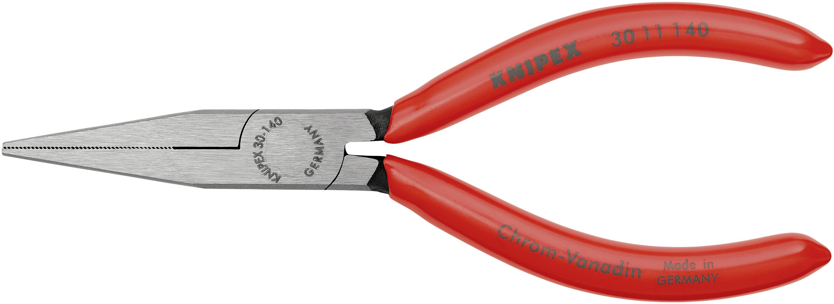 Röd plattång med längre, smal metallhuvud och räfflat grepp. Märkning 'KNIPEX' och 'Made in Germany'. Lämplig för precisionsarbeten.