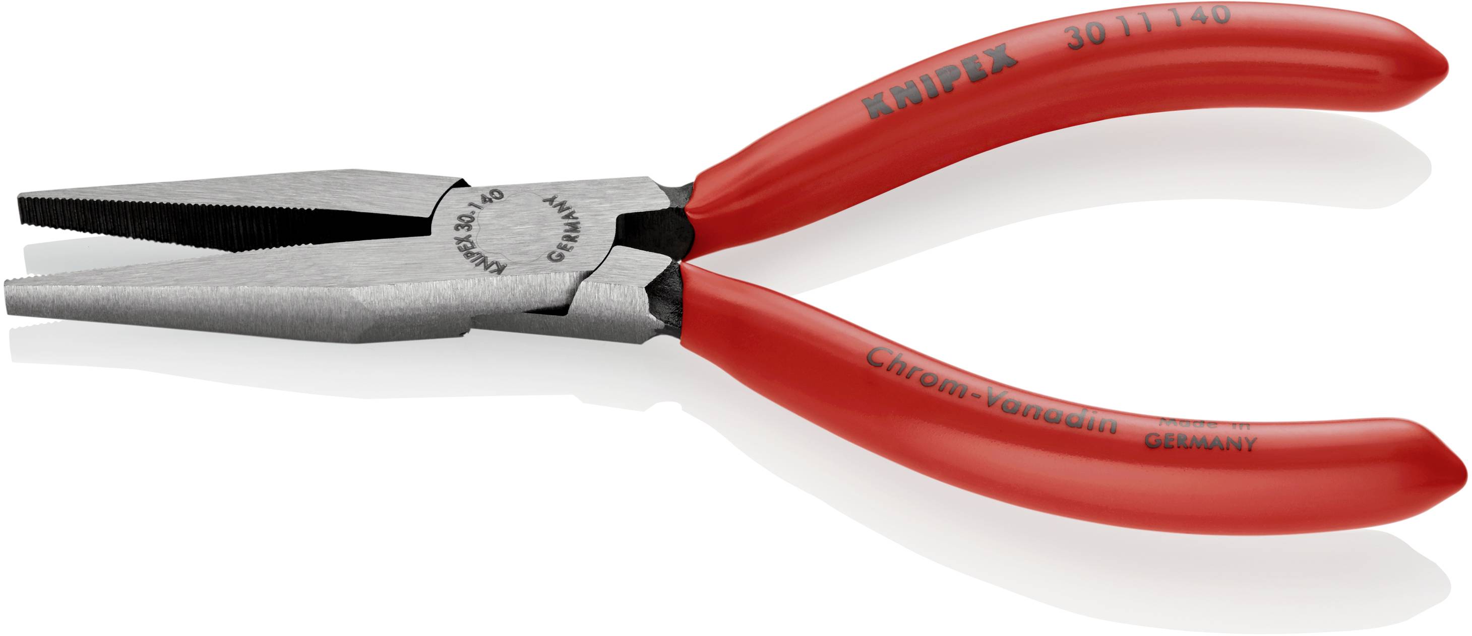 En röd platt runttång med 'Knipex' tryckt på handtagen, lämplig för finmekaniska arbeten.