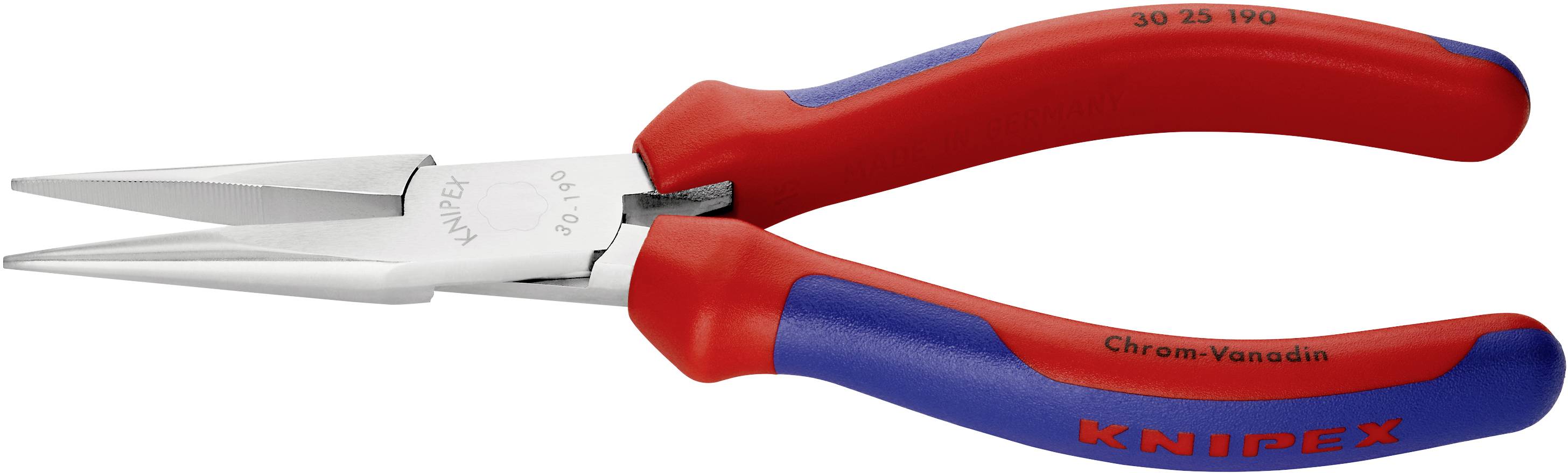 Röd och blå plattång från KNIPEX-märket, tillverkad av krom-vanadin, använd för att greppa och hålla arbetsstycken.