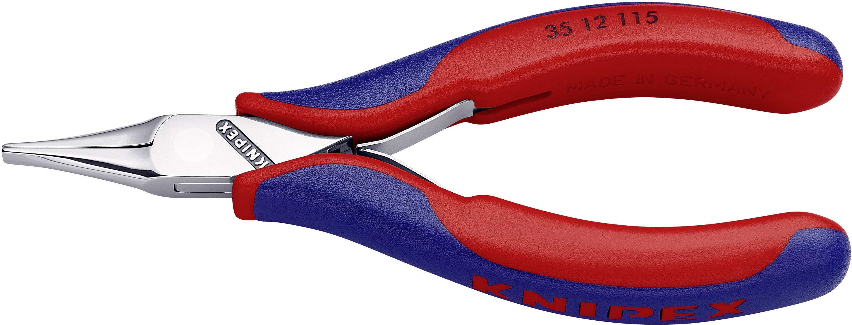 Röd och blå tång med smala spetsar, lämplig för precisionsarbete. Varumärket 'Knipex' synligt på handtagen.