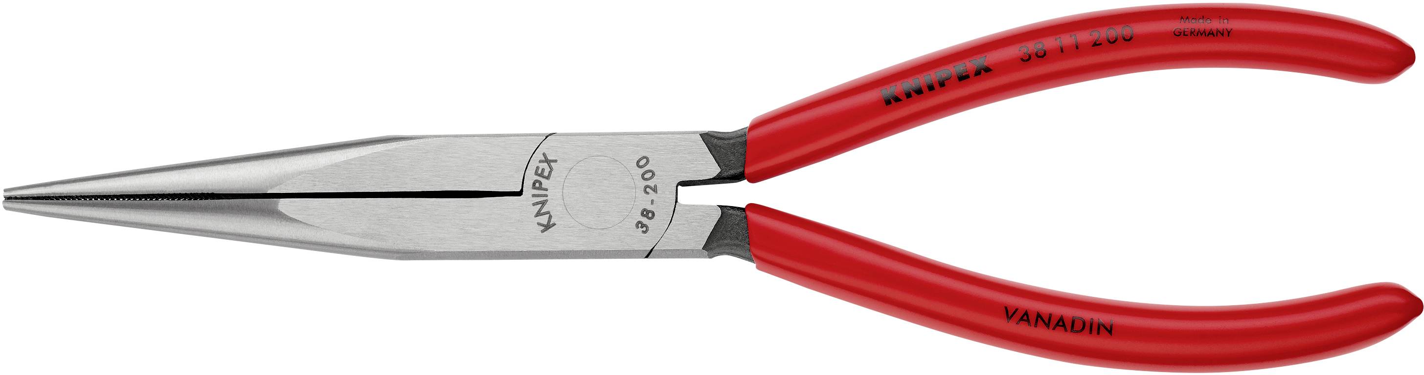 Röd platt rundtång från Knipex, modellnummer 49-200, med långa, smala käftar för precision vid gripande och klippning.
