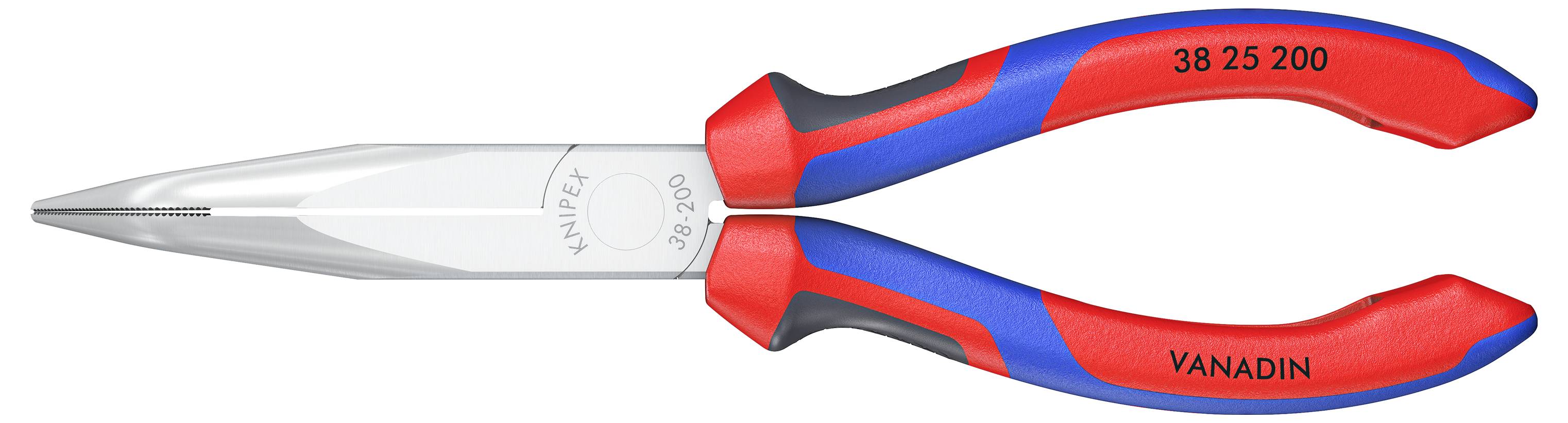 Röda och blå kombinationstänger med märket "Knipex" och texten "Vanadin" på handtagen, används för att gripa och skära.