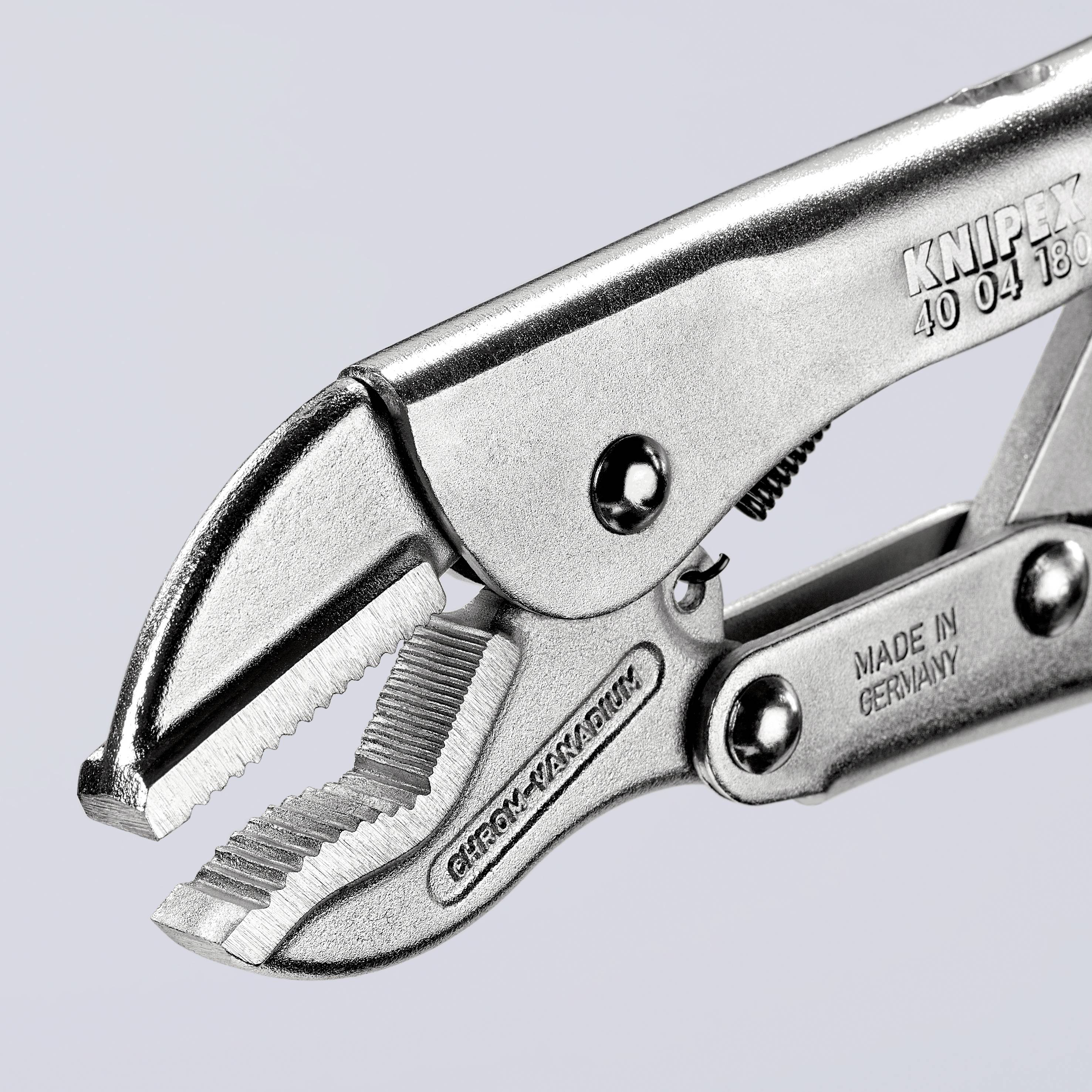 En justerbar rörtång av metall, märkt 'Knipex 40 04 180', tillverkad i Tyskland.