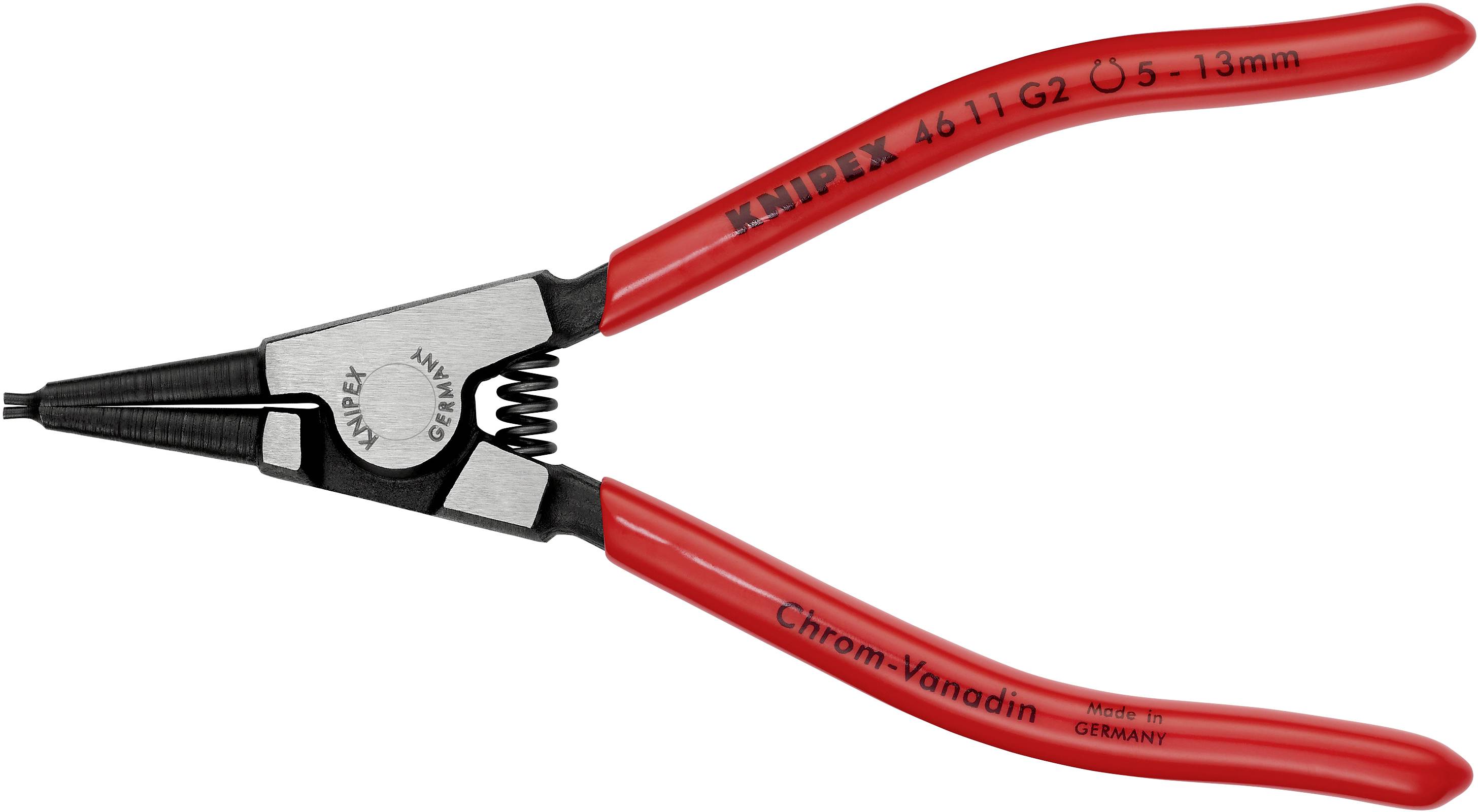 En röd låsringstång från märket Knipex, lämplig för invändiga ringar från 5 till 13 mm.