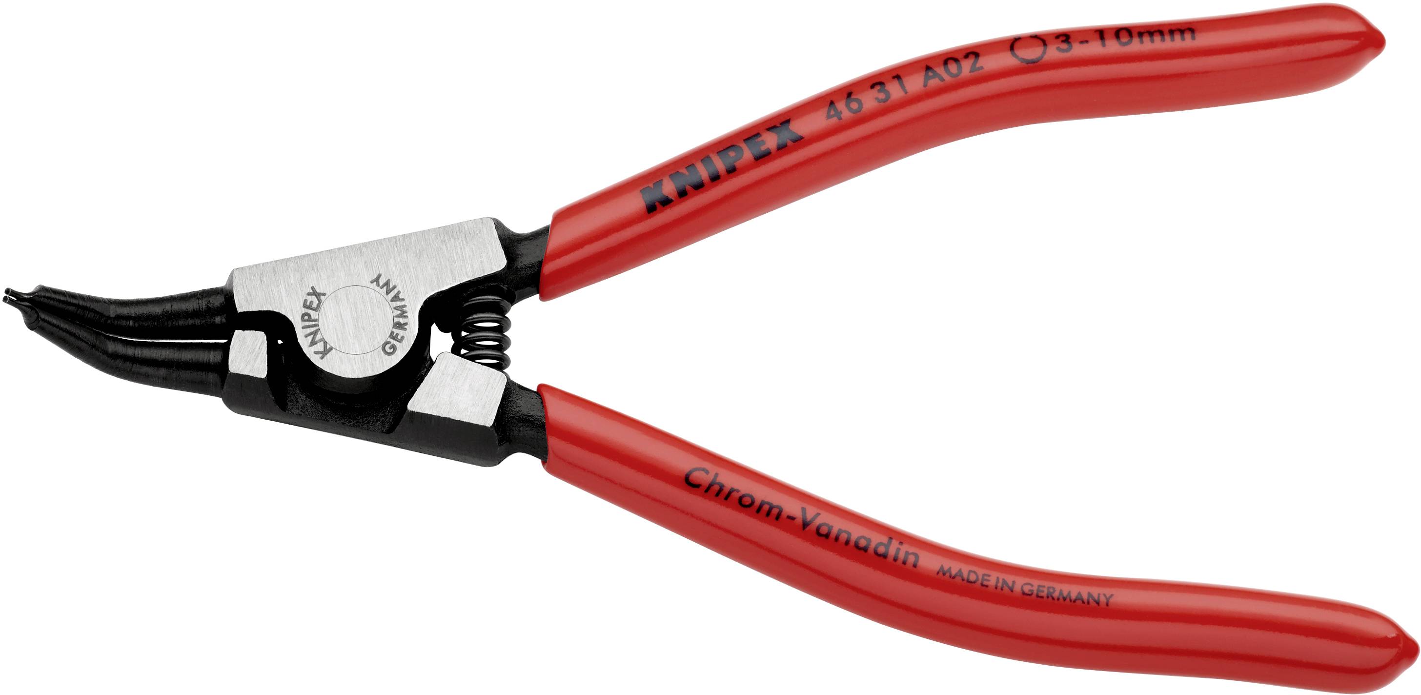 Röd invändig låsringstång från Knipex tillverkad av krom-vanadin-stål, lämplig för invändiga ringar Ø 3-10 mm.