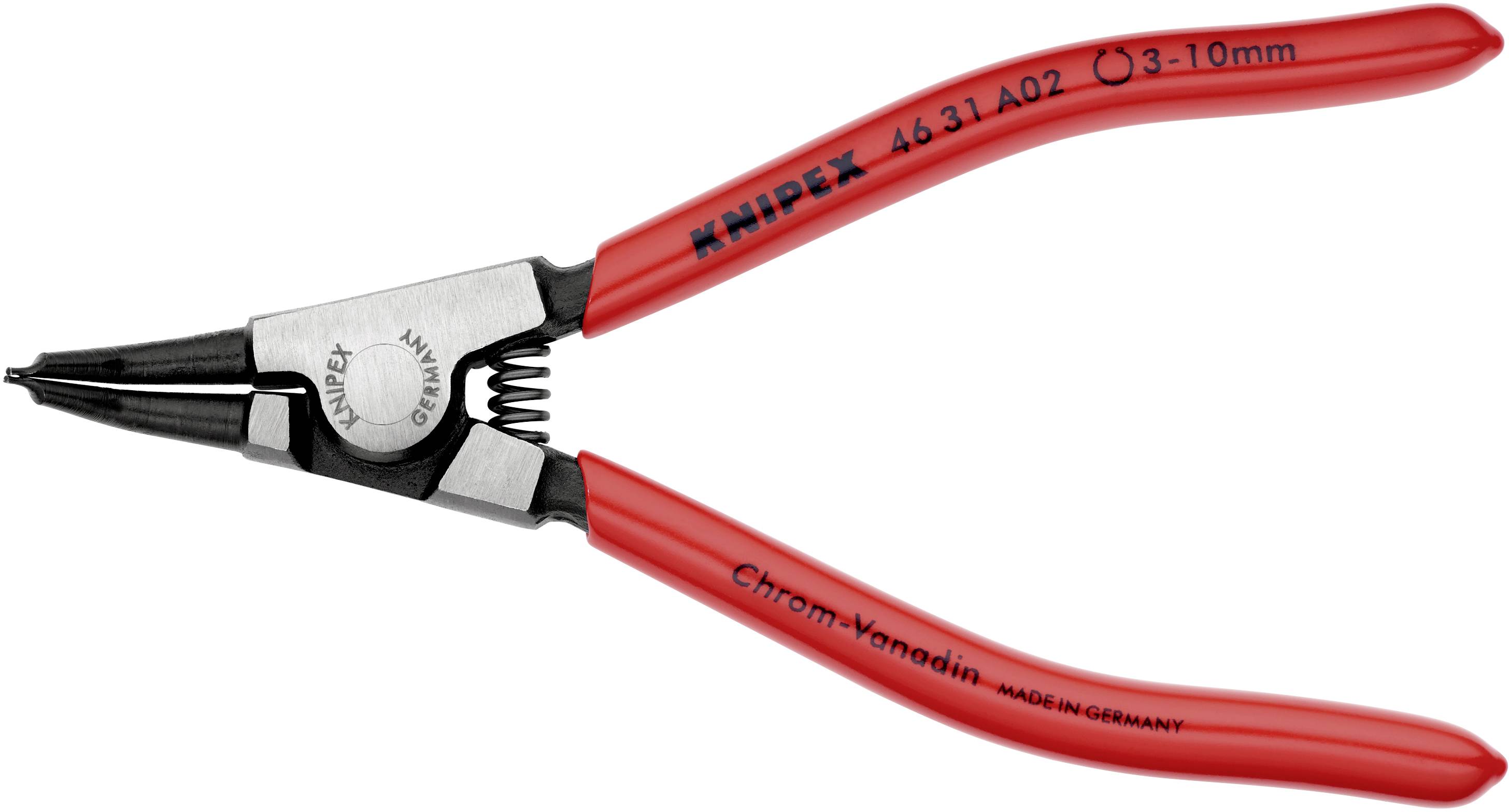 Röd Knipex låsringstång för invändiga ringar med böjda spetsar, lämplig för ringar från 3-10 mm, tillverkad av krom-vanadin-stål.