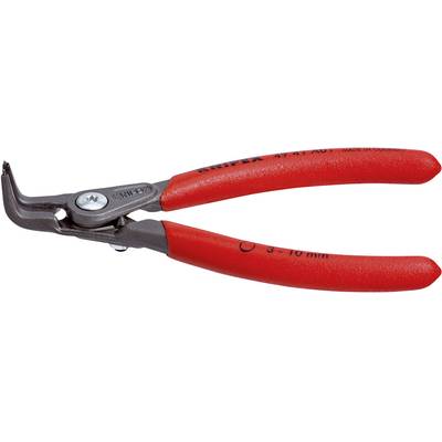 Röd sprängringtång med böjd spets för montering eller borttagning av spärringar på axlar, lämplig för ringar mellan 3-10 mm.