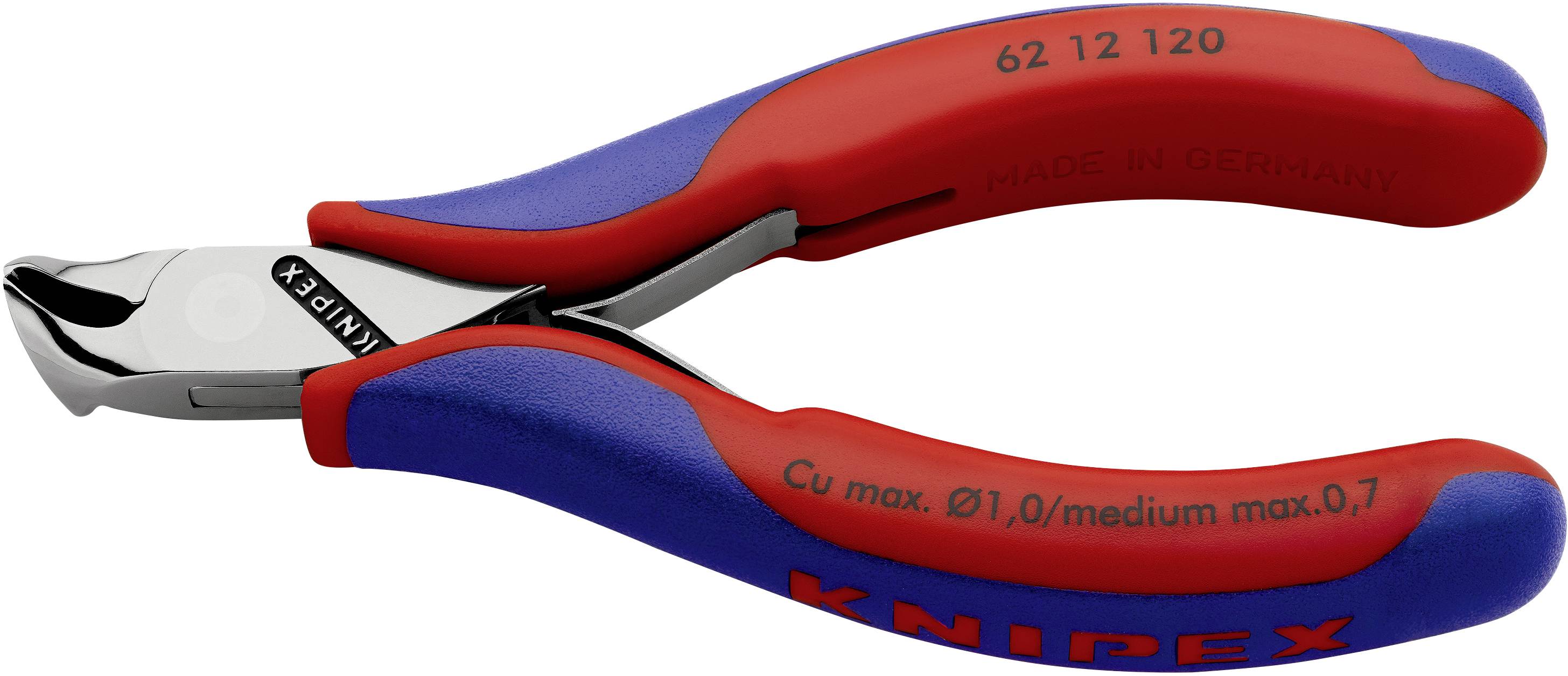 Sidavbitare med blå och röda handtag, märkt 'Knipex'. Lämplig för koppartrådar upp till Ø1,0/medium max. 0,7.