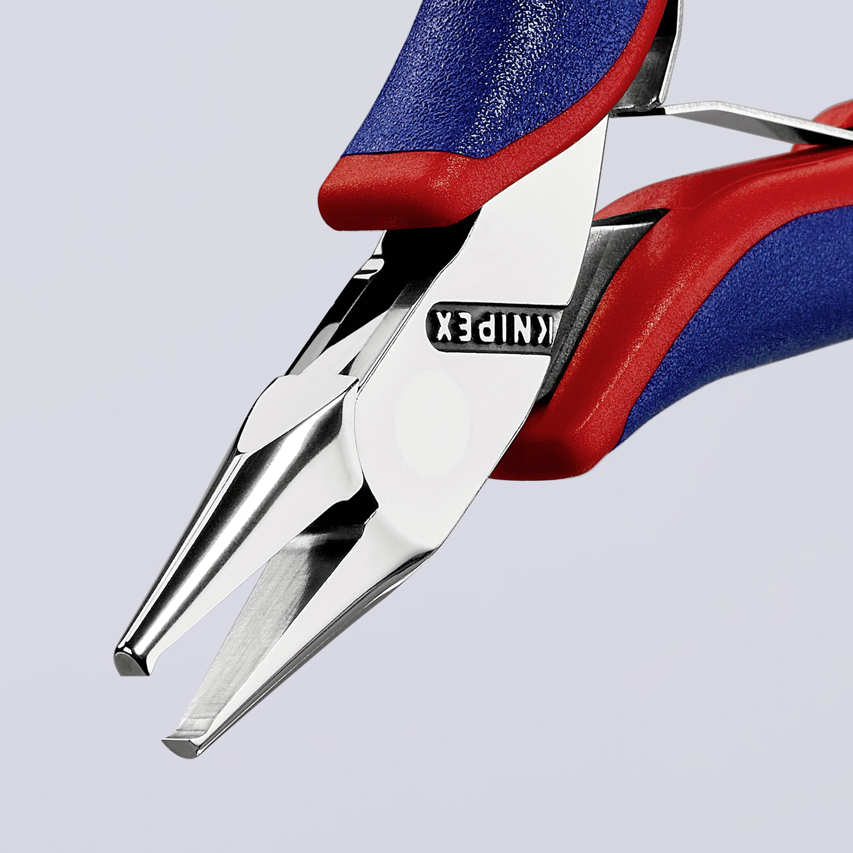 En blå och röd tång med smala käftar, lämplig för precisionsarbeten. Logotypen 'Knipex' är tydligt synlig.