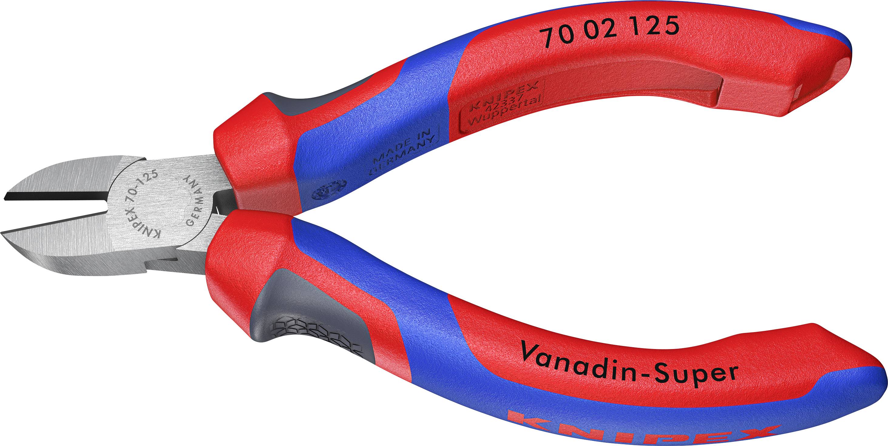 Knipex sidavbitare med röda och blå plasthandtag och skäregg av härdat stål, modell 70 02 125.
