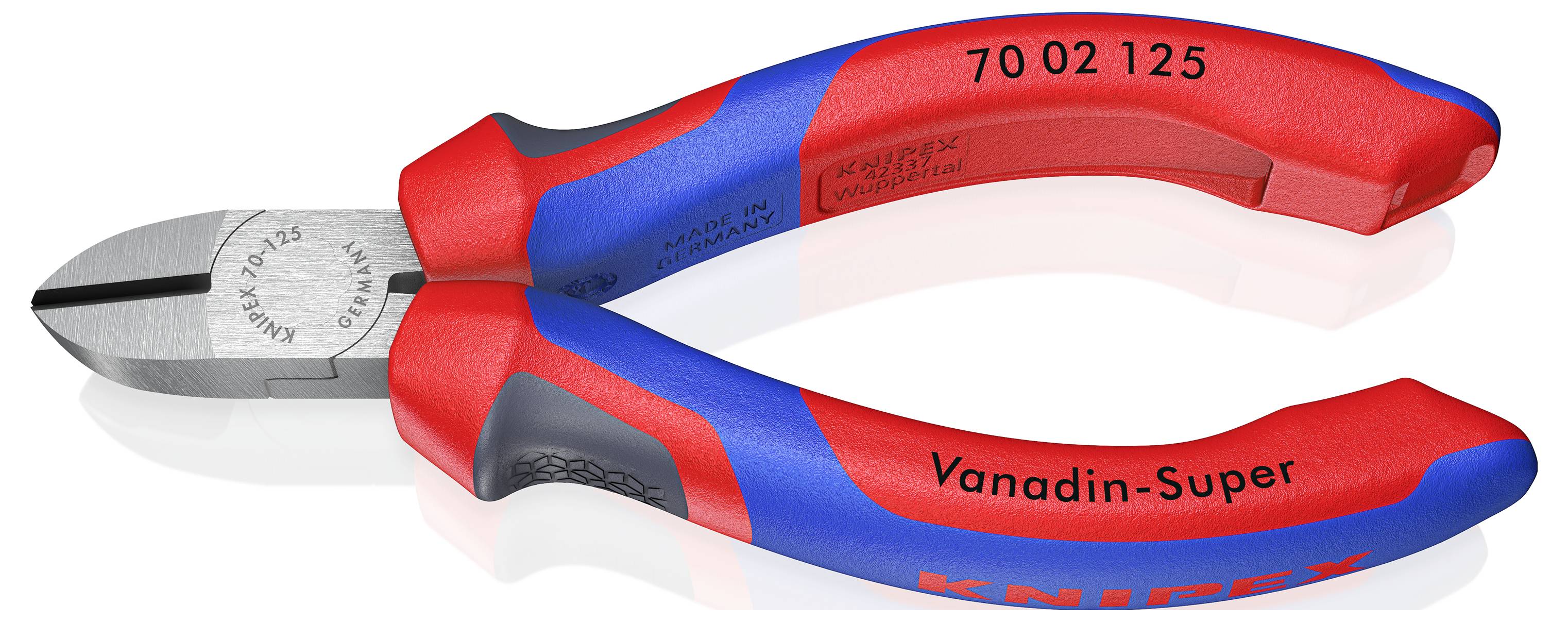 Sidavbitare i rött och blått, lämplig för trådklippning. Inskription på handtaget: 'Vanadin-Super', '70 02 125'.