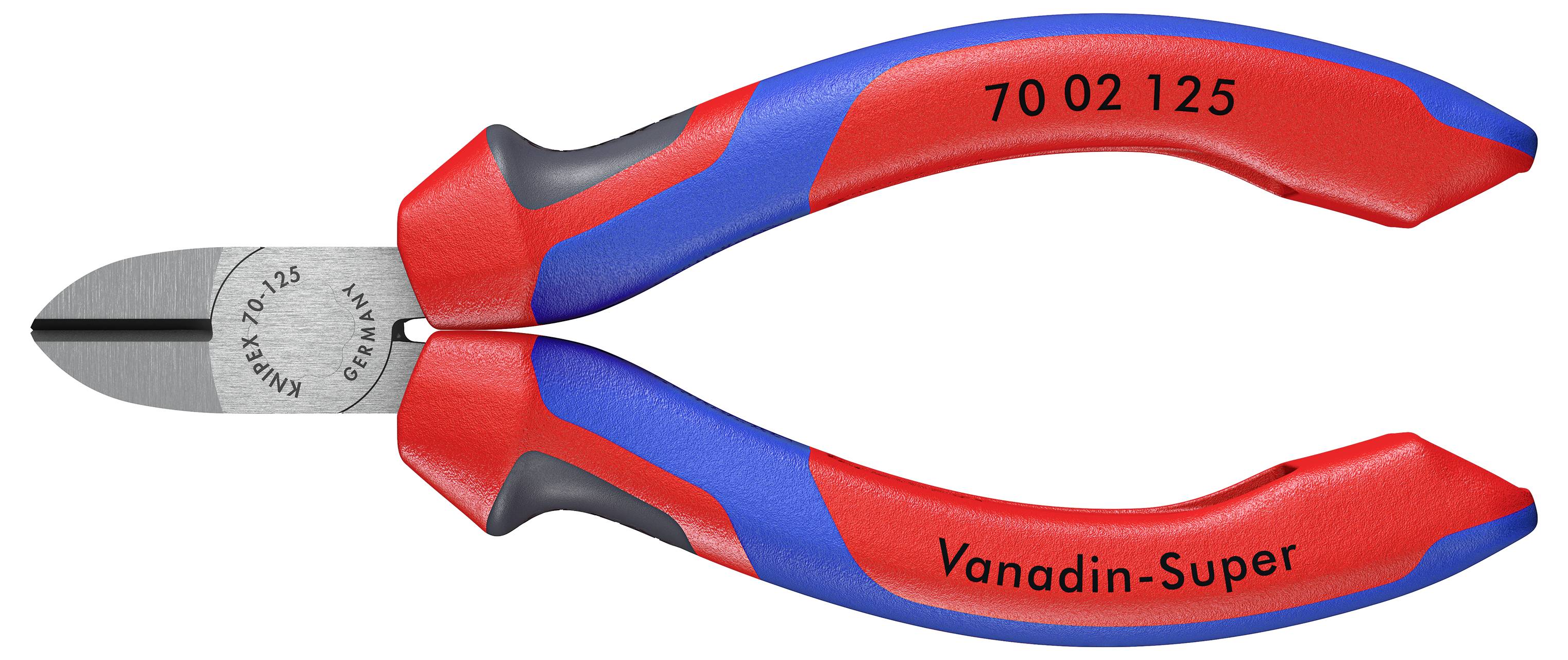 Röd och blå sidavbitare med märkningarna '70 02 125' och 'Vanadin-Super' på handtaget, lämplig för trådklippning.
