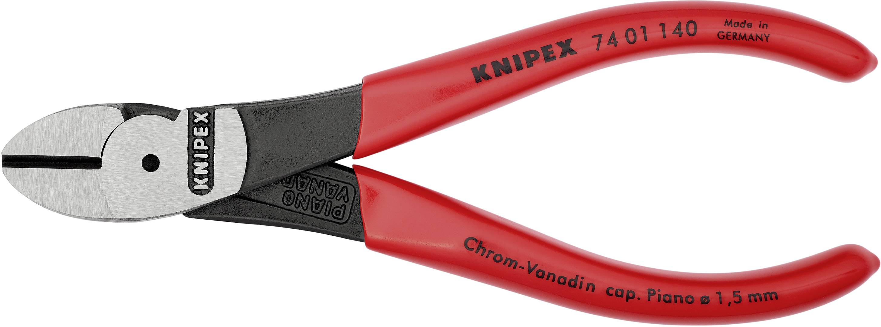 En röd Knipex avbitartång med texten 'Krom-Vanadin cap. Piano ø 1,5 mm' och 'Made in Germany', lämplig för skärning.