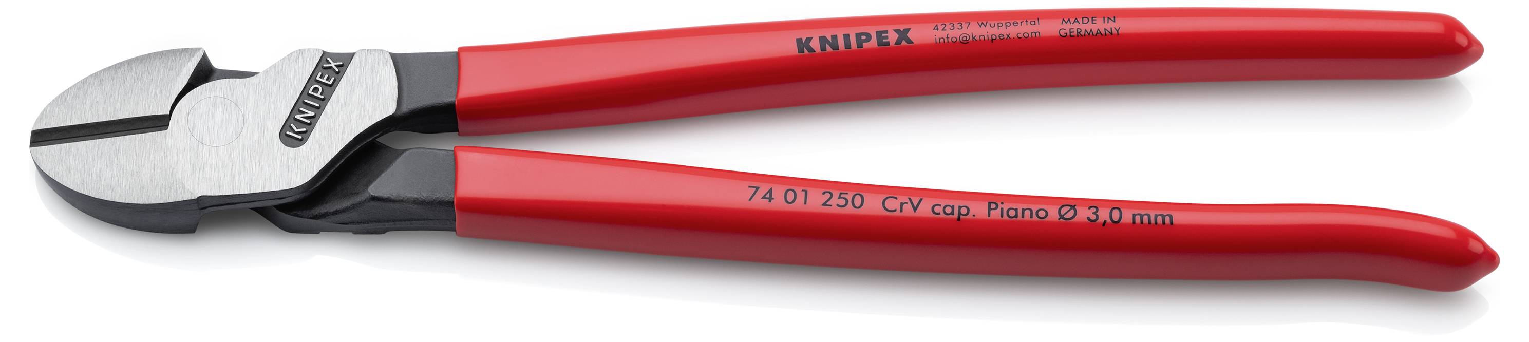 Rödhanterade KNIPEX diagonala skärande tandpinnar visade i sidovy på vit bakgrund.