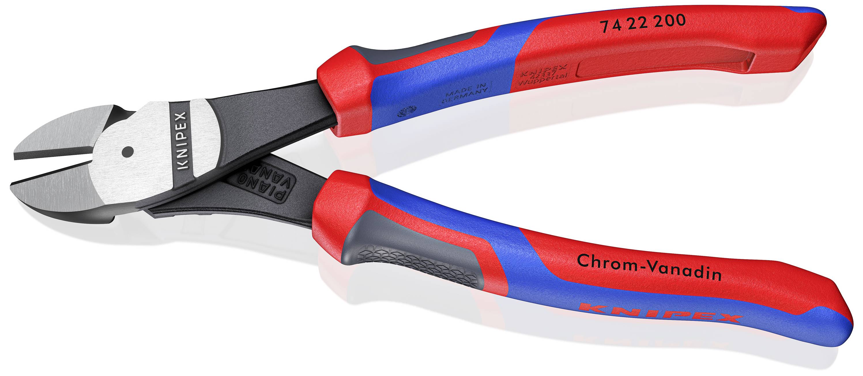 En Knipex kombitång med röda och blå handtag, modellnummer '74 22 200', tillverkad av krom-vanadin-stål.