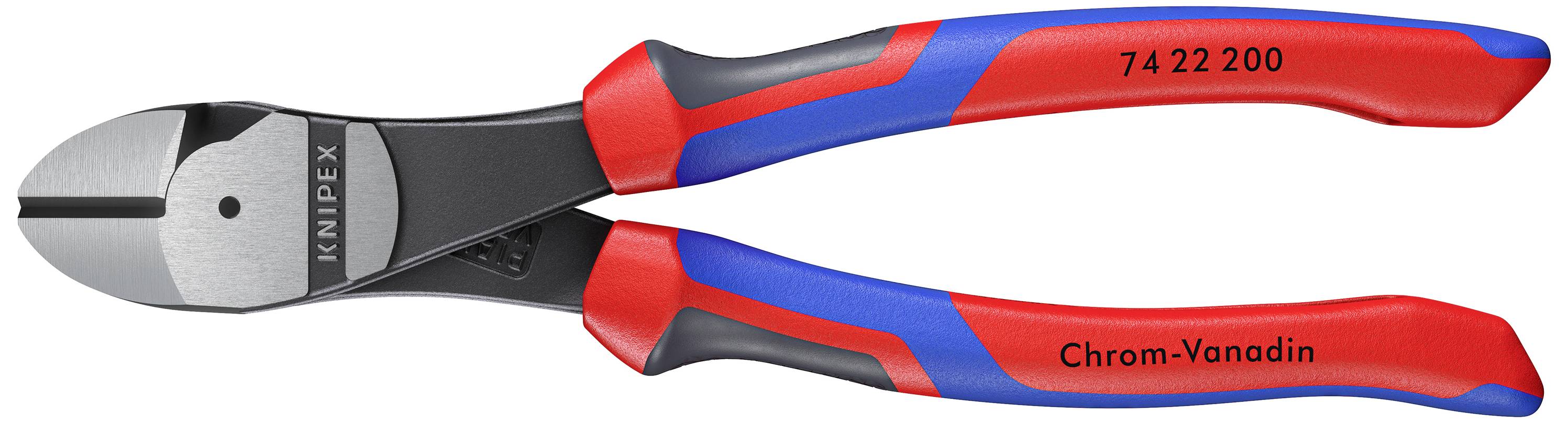 Knipex sidavbitare, röda och blå handtag, märkning ovanpå '74 22 200' och på sidan 'Krom-Vanadin', lämplig för tjock tråd.