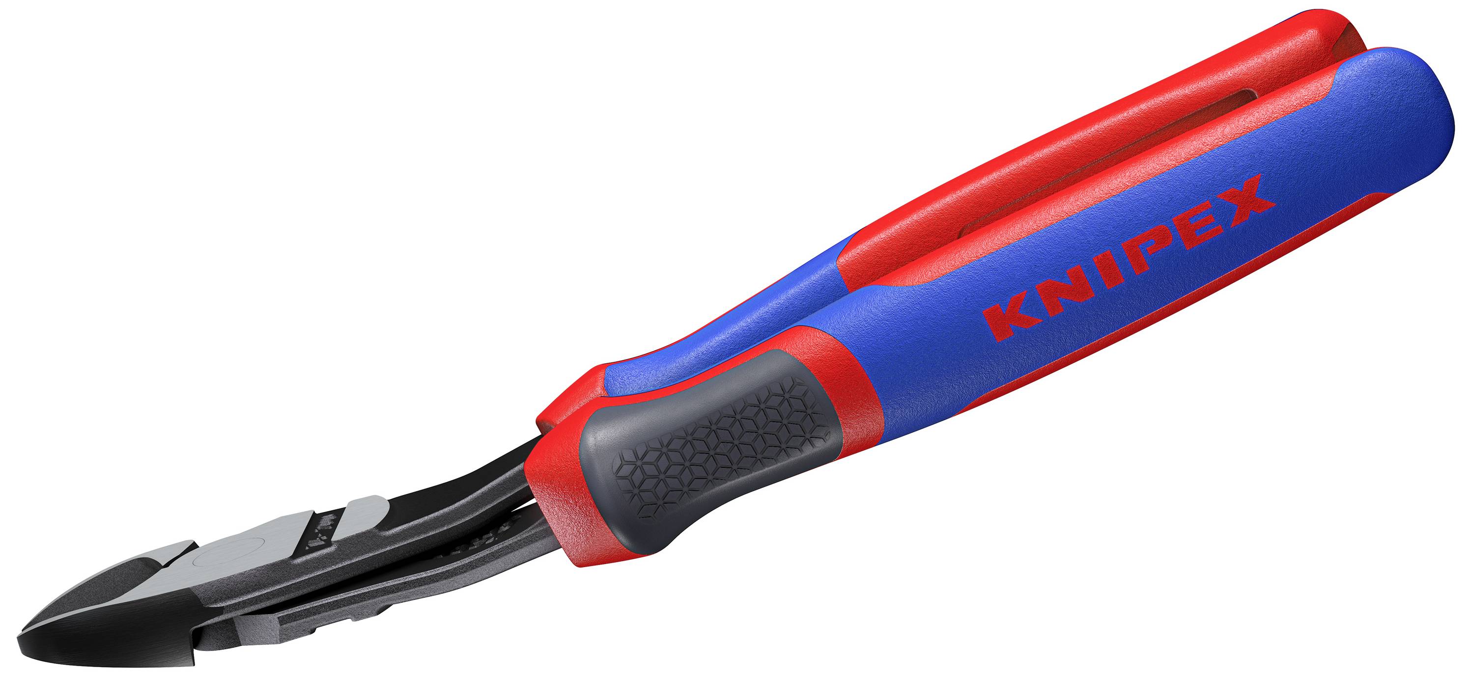 En röd och blå tång med vass egg, lämplig för att klippa trådar eller kablar. Märkt med 'KNIPEX'.