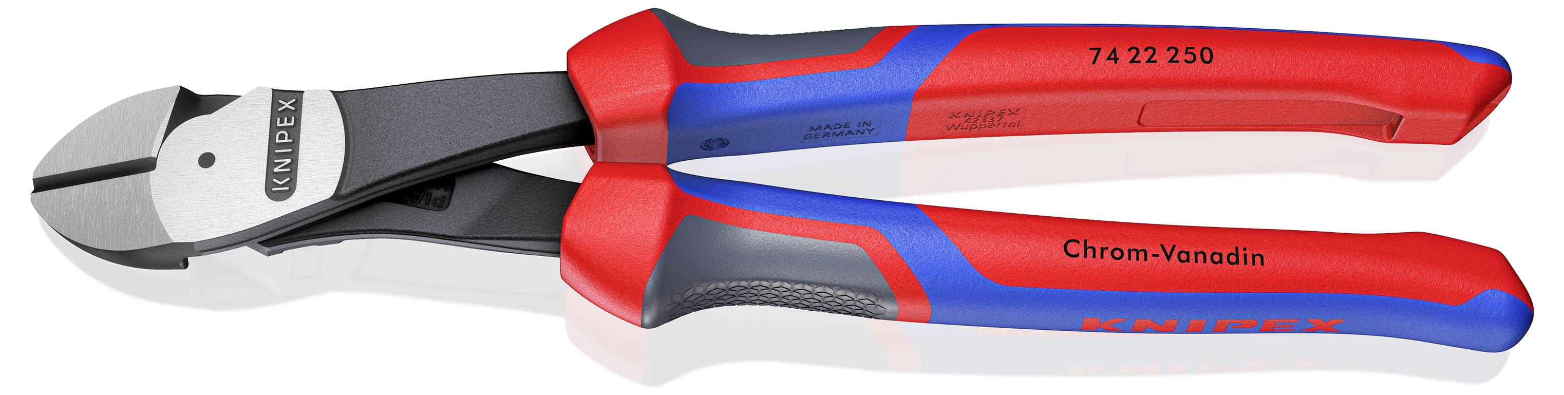 Diagonal avbitare med röda och blå handtag, märkta 'Knipex Chrom-Vanadin'.
