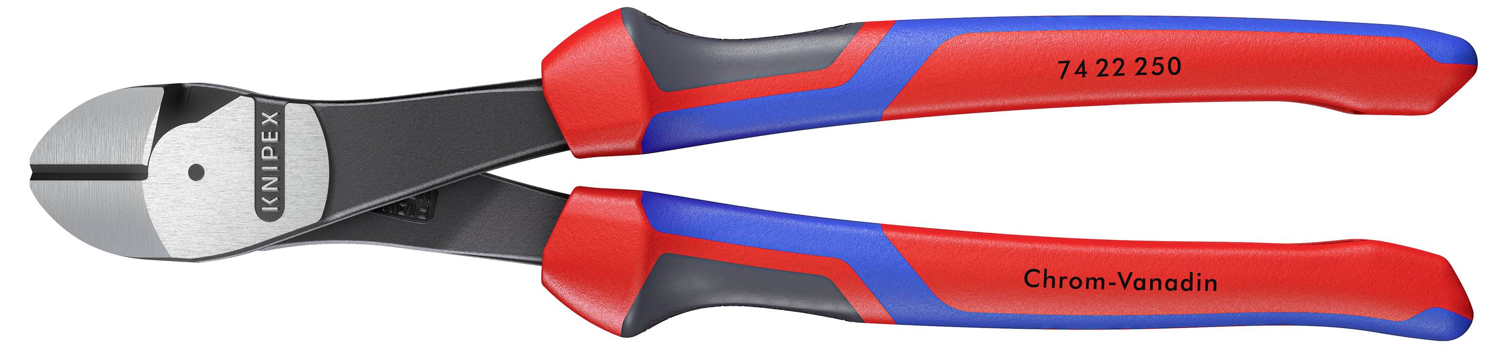 Röda och blå-handtag diagonalavbitare med svarta blad, märkta 'Knipex' och 'Chrom-Vanadin'. Avsedda för att klippa trådar och kablar.
