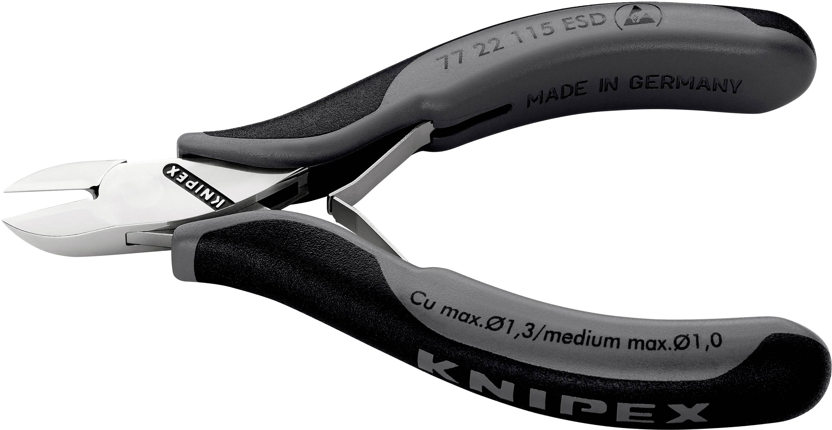 Sidavbitare med svart och grå handtag, varumärke 'KNIPEX', märkt 'MADE IN GERMANY', lämplig för Cu-clips upp till Ø1,3 mm.