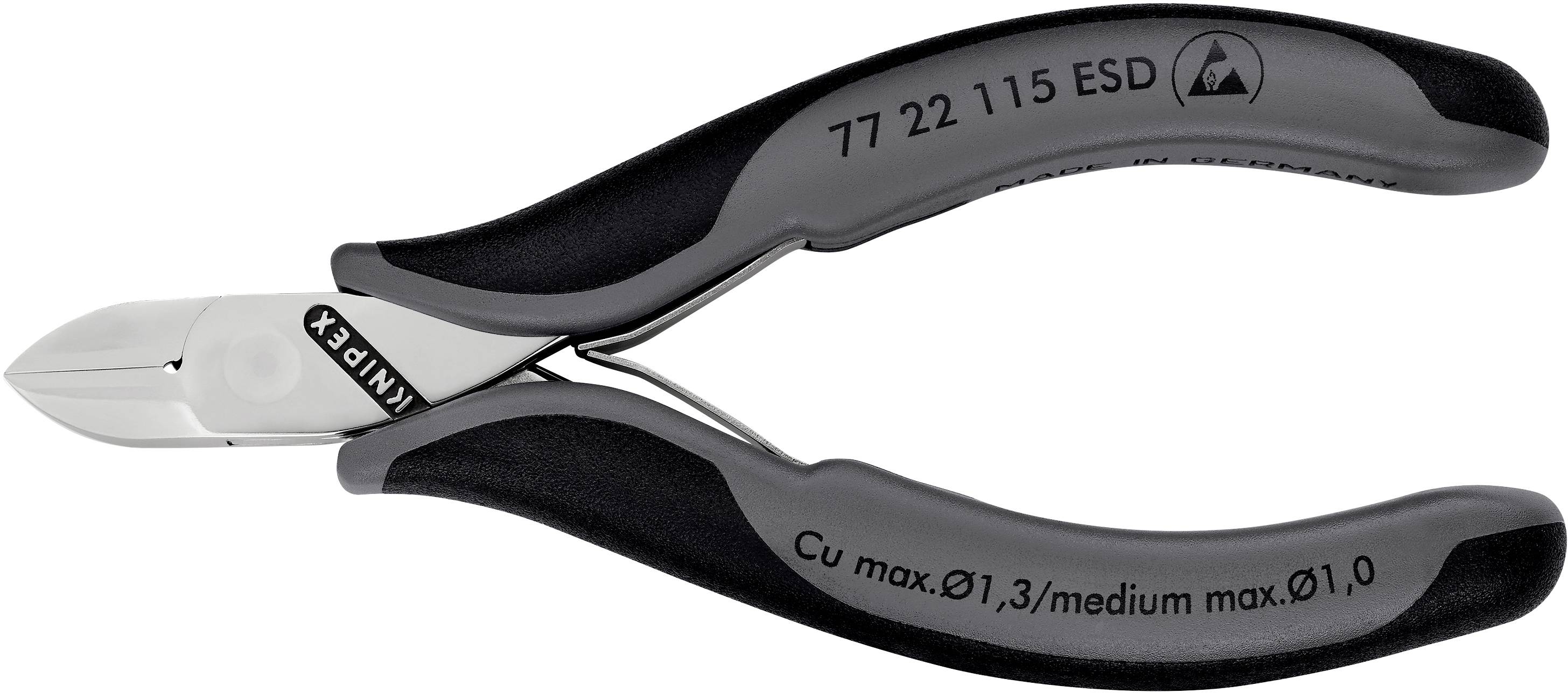 Svart och grå sidavbitare med ergonomiska handtag, lämplig för precisionsklippning av trådar upp till 1,0 mm diameter.