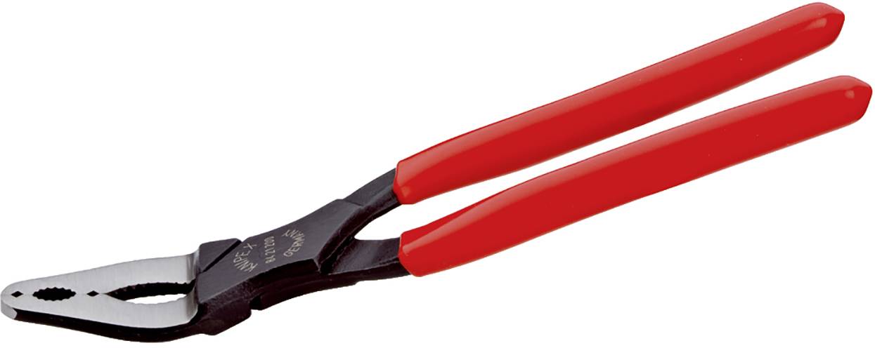 En kombinationstång med röda handtag på vit bakgrund. Perfekt för användning i verkstäder eller för DIY-projekt.