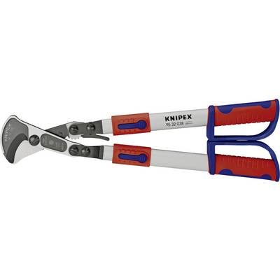 Bultsax med blå och röda handtag, lämpliga för klippning av tjock tråd eller metallstänger. Varumärke 'Knipex'.