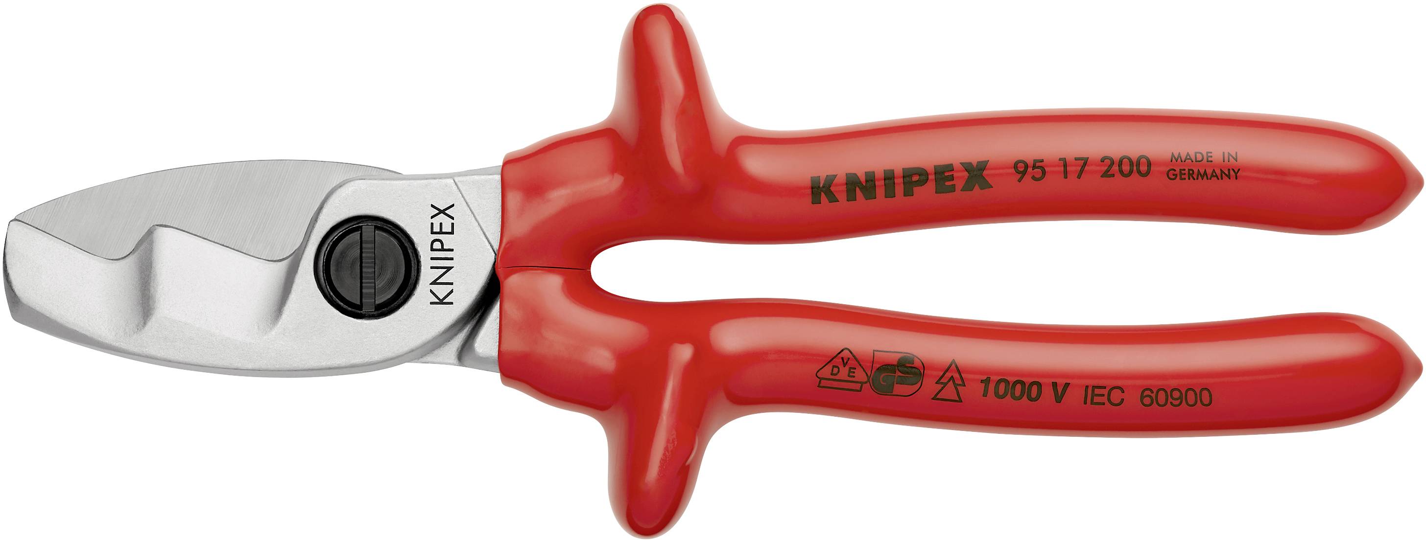 Röd kabelavbitare med inskriften 'KNIPEX' på handtaget. Lämplig för arbeten upp till 1000 V.