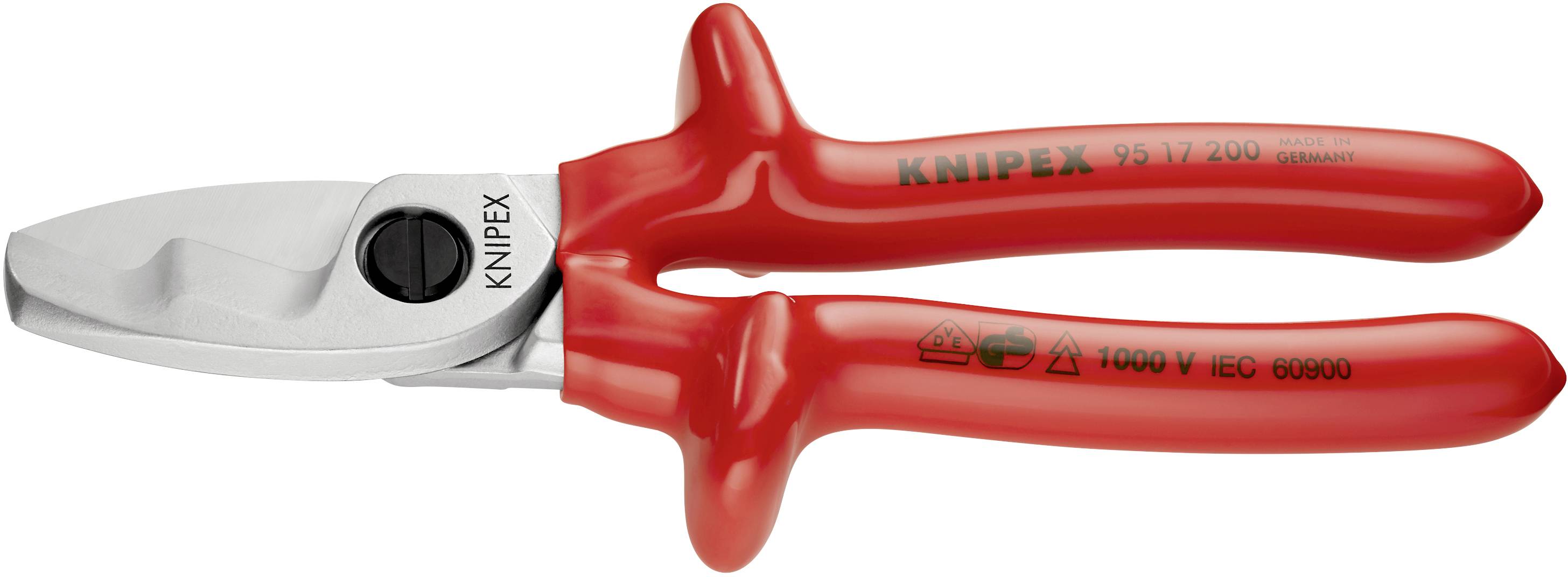 Röd kabelsax med isolerade handtag visar tillverkarlogotypen 'KNIPEX'. Lämplig för kabelklippning, förhöjd säkerhet upp till 1000V.