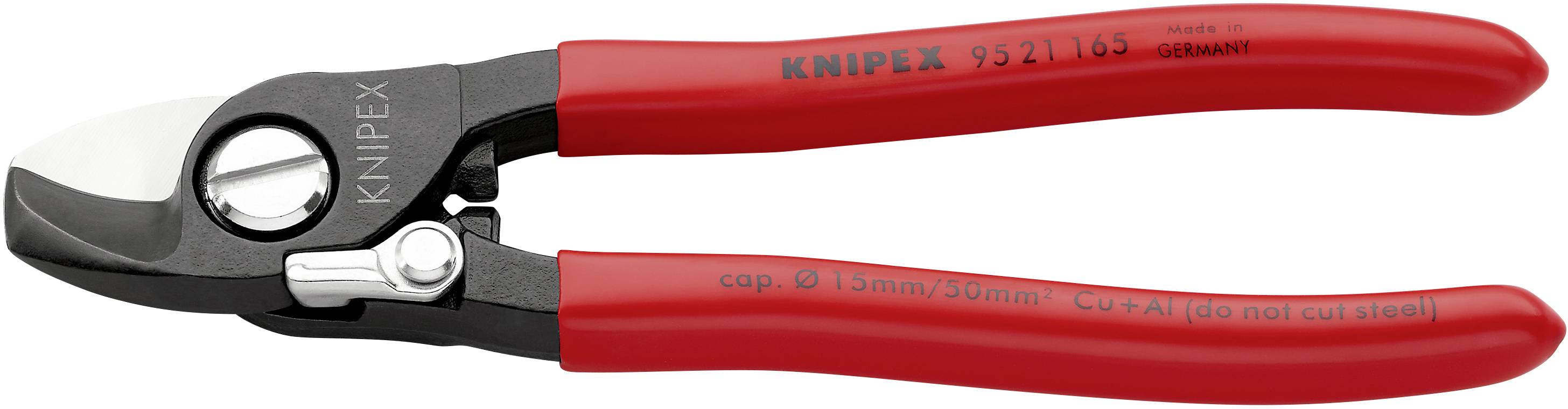 En kabelavbitare från Knipex med röda handtag, lämplig för att klippa kablar upp till 15 mm diameter och 50 mm², 'Made in Germany'.