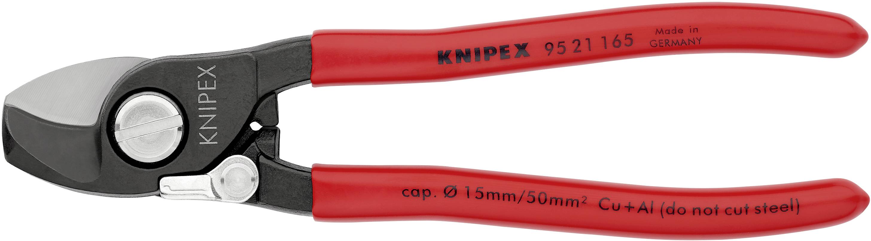 Avbitartång från Knipex med röda handtag, märkt med 'kap. Ø 15mm/50mm² Cu+Al (skär inte stål)'. Lämplig för koppar- och aluminiumkablar.