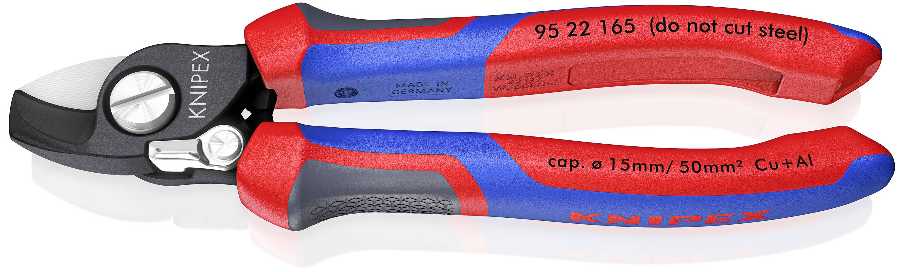 Kabelsax av metall och plast, greppvänliga röda och blå handtag, märkt 'KNIPEX'. Avsedd för klippning av koppar- och aluminiumkablar.