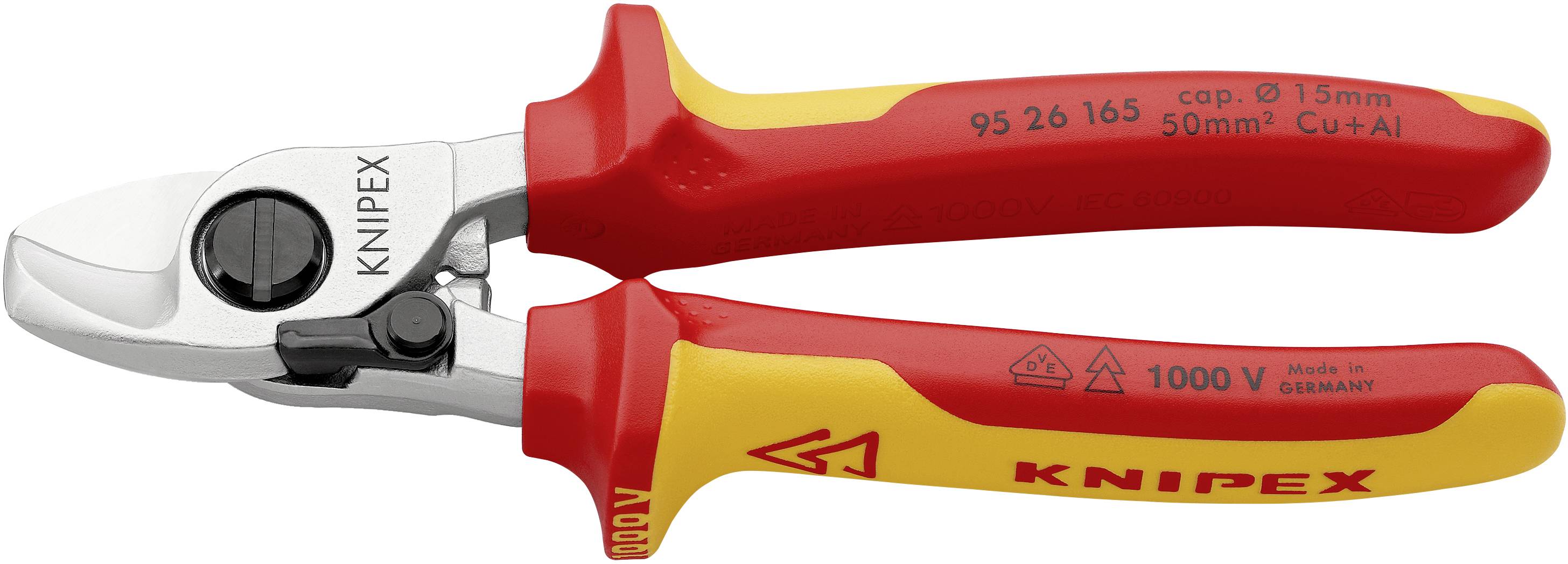En röd och gul isolerad kabelavbitare från märket Knipex, lämplig för spänningar upp till 1000V och med en skärkapacitet på 15 mm.