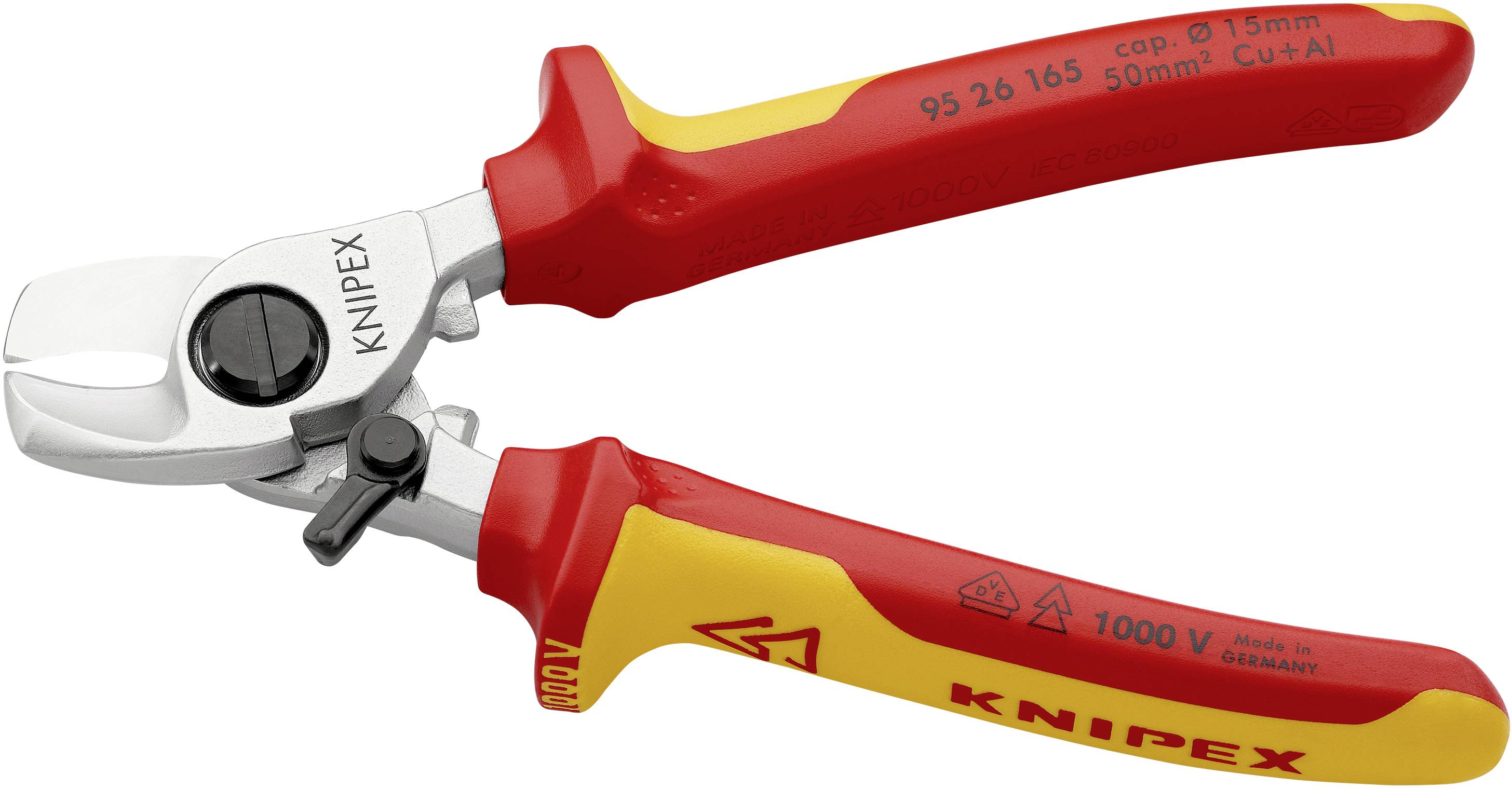 Elektriker-kabelskärare från KNIPEX, röd-gul, för koppar- och aluminiumkablar upp till 15 mm, isolerad upp till 1000 V, Tillverkad i Tyskland.
