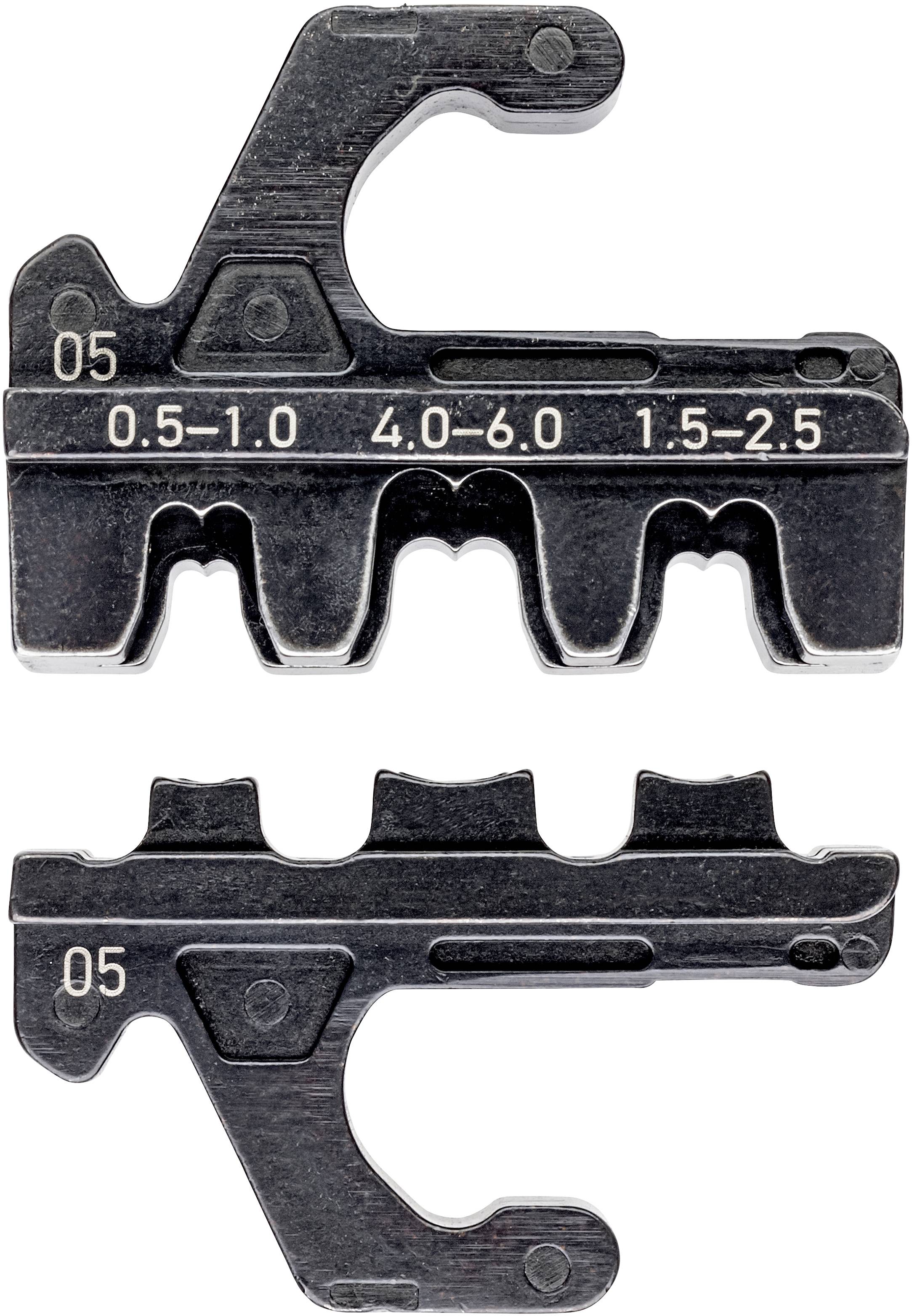 Metalliskt inställningsverktyg med markerade storlekar: '0,5-1,0', '4,0-6,0', '1,5-2,5'. Två identiska delar, överst och underst.