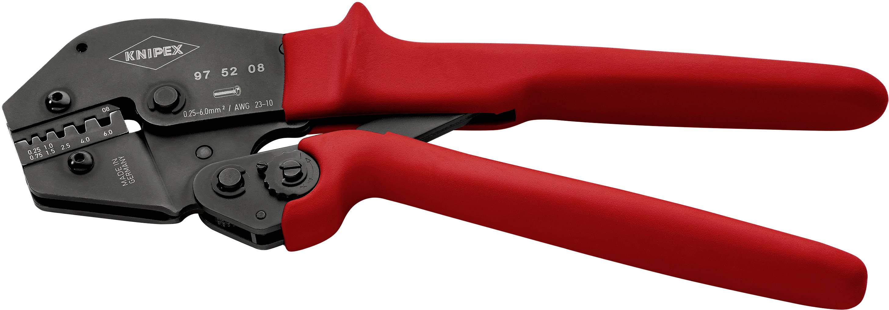 Avbitartång med röda handtag och mörkmetalliskt huvud, lämplig för kabelkrimping. Varumärket 'Knipex' präglat på verktygets huvud.