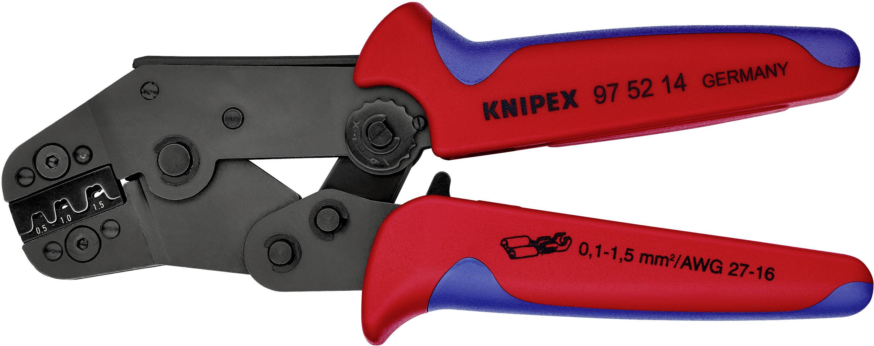 Crimptång med röda och blå handtag, svarta pressbackar. Märkt med 'KNIPEX' och storleksangivelse '0,1-1,5 mm²/AWG 27-16'.