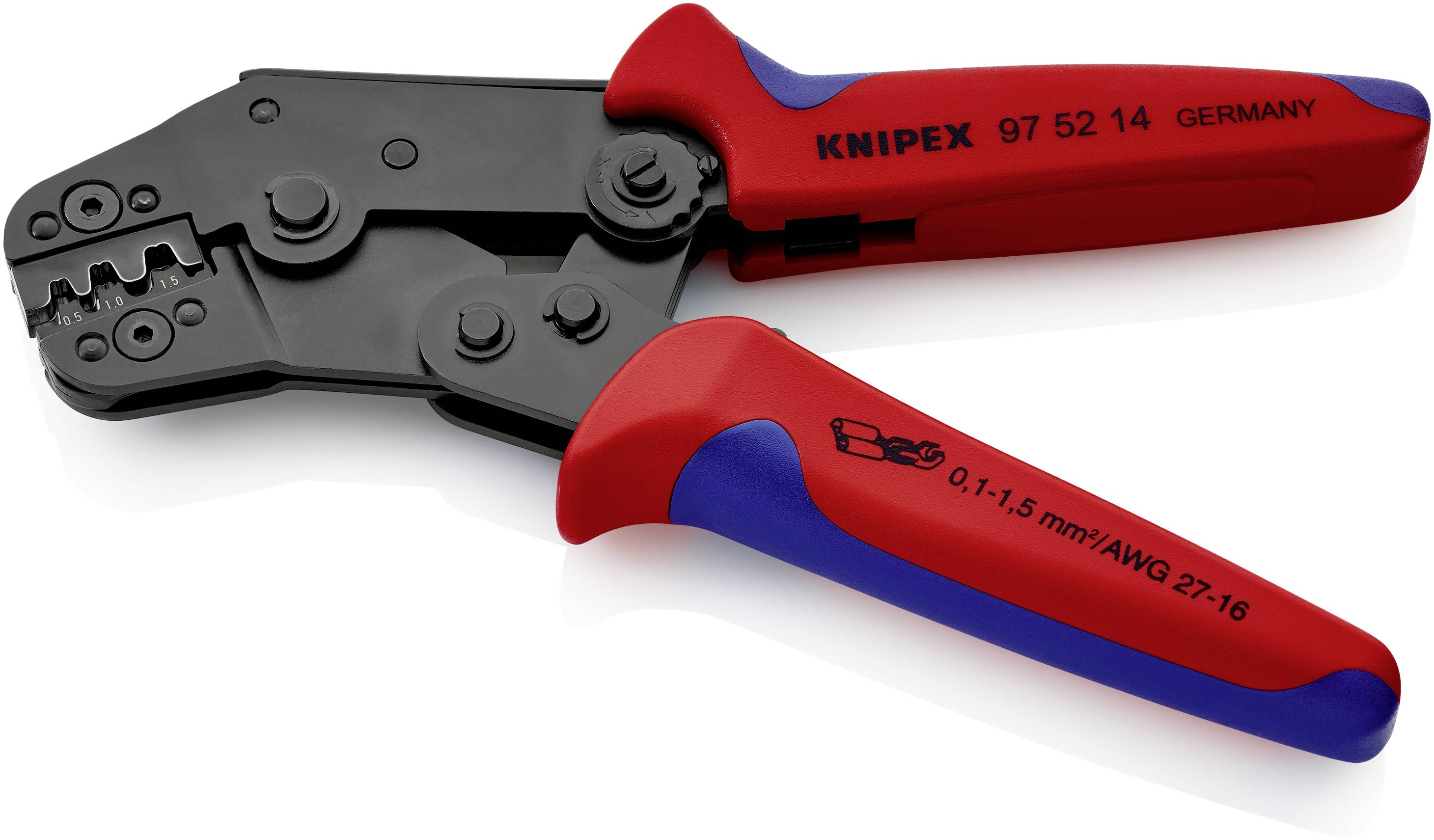 En röd och blå crimptång med texten 'KNIPEX 97 52 14 GERMANY'. Lämplig för kablar 0,1-1,5 mm²/AWG 27-16.