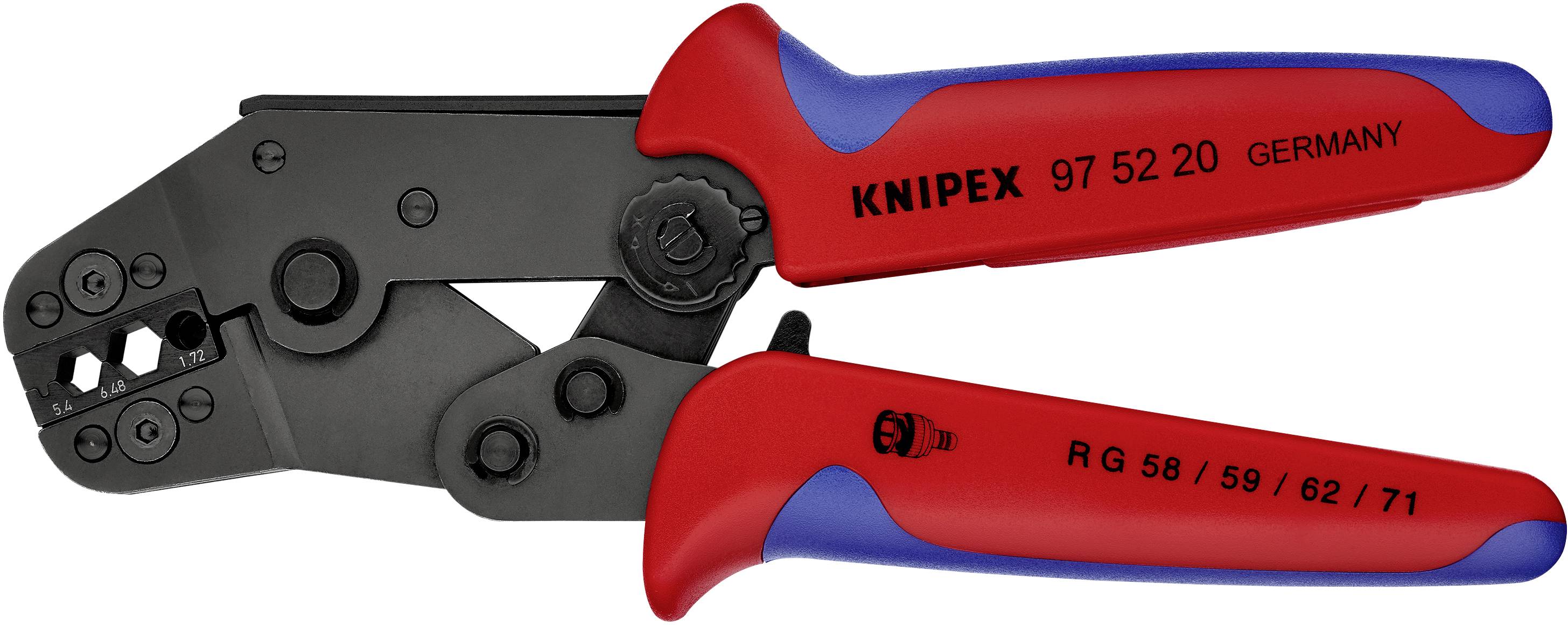 Crimptång med röda och blå handtag, lämplig för RG 58/59/62/71-kablar. Påskrift: 'Knipex 97 52 20 Germany'.