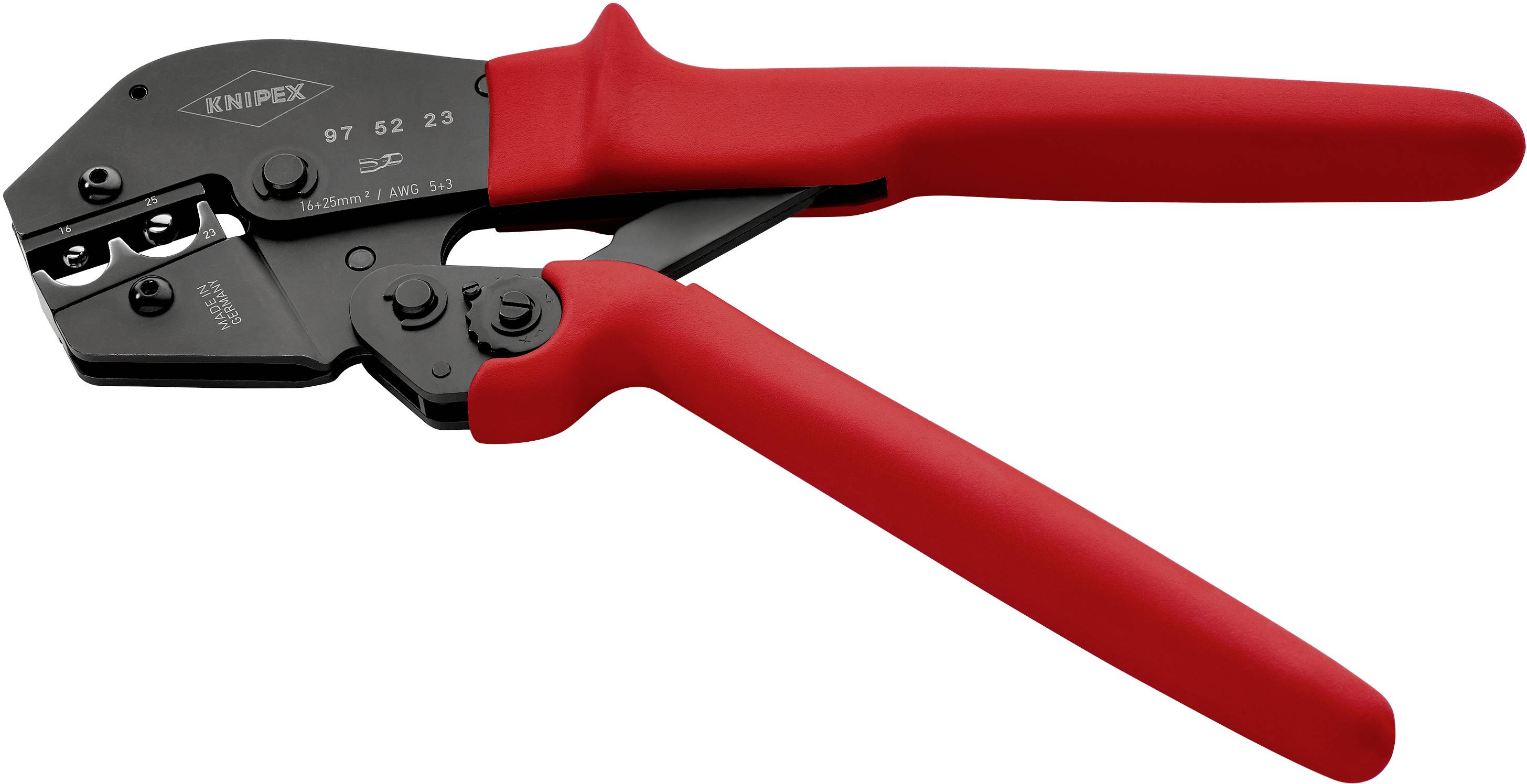 En svart presatång med röda handtag, lämplig för crimpning av kabelanslutningar. Den har en Knipex-logotyp och modellnummer.