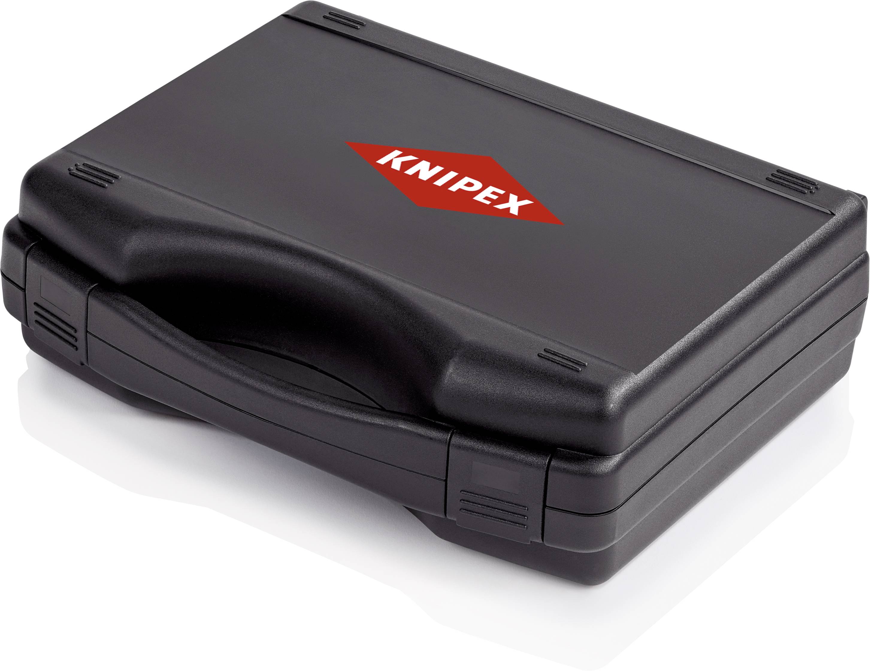 Svart verktygslåda med 'Knipex'-logotyp i rött på locket. Lådan har ett stabilt handtag och avrundade hörn.