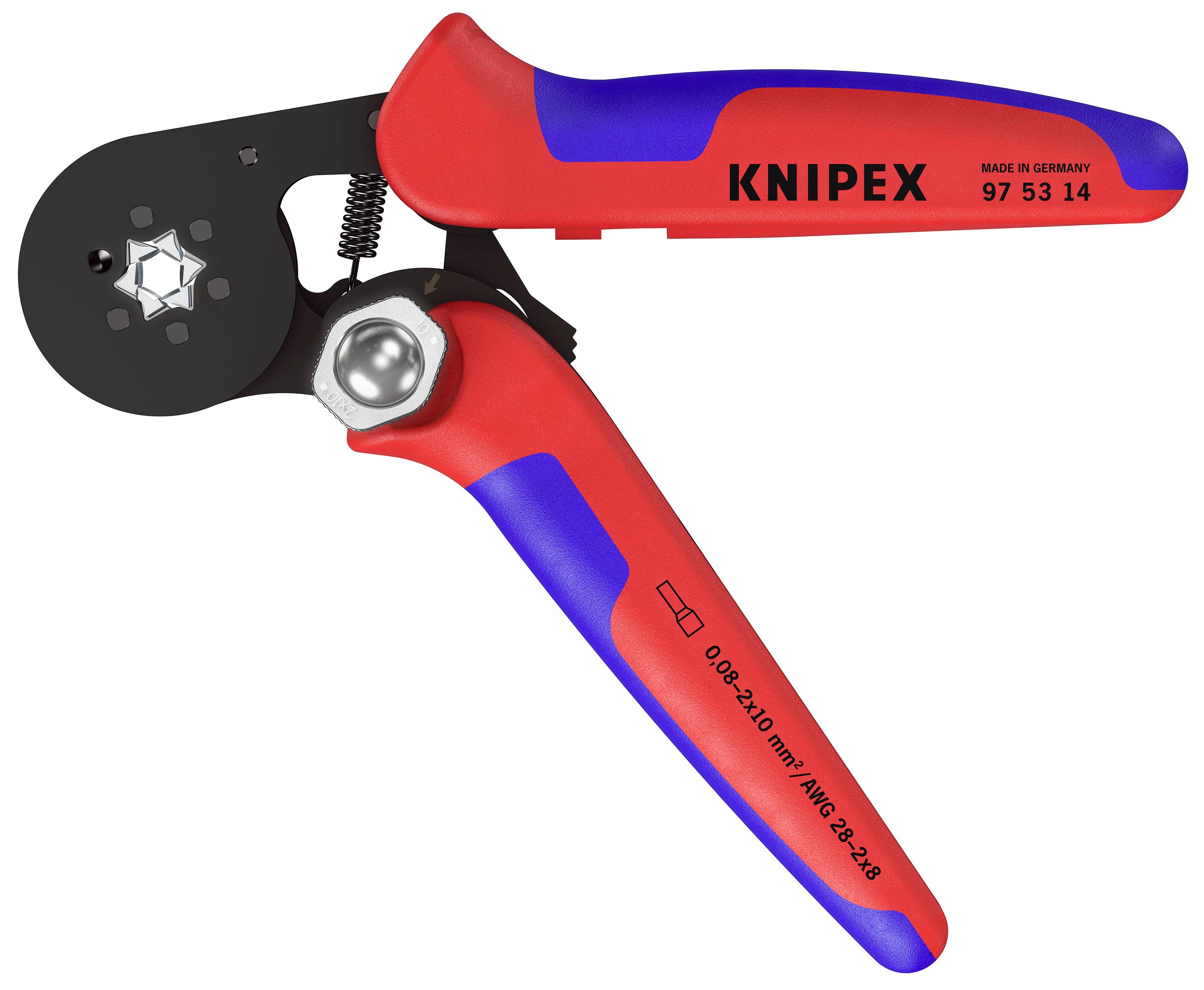 Knipex avbitartång med röd och blå handtag, lämplig för crimpning av kabelanslutningar. Verktygstyp och modellnummer är synliga.