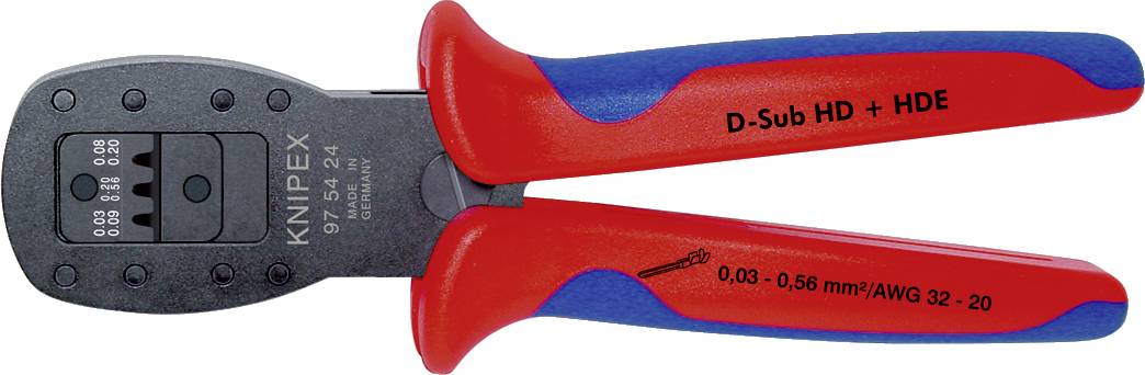 En röd och blå krympningstång från KNIPEX för D-Sub-kablar, med specifikationerna: 'D-Sub HD + HDE' och '0,03 - 0,56 mm²/AWG 32 - 20'.