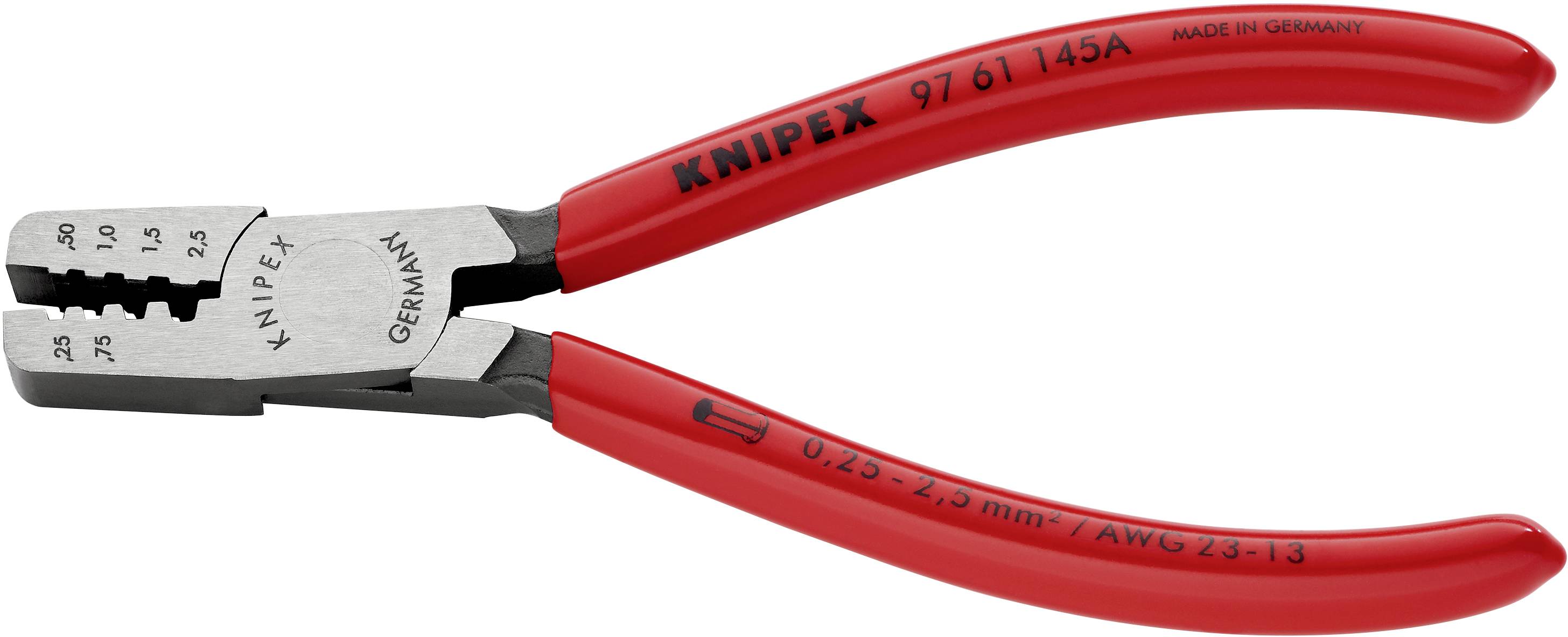 Röd crimptång från Knipex med flera storlekar på käftarna för kabelbearbetning. Märkning 'Made in Germany' på handtaget.