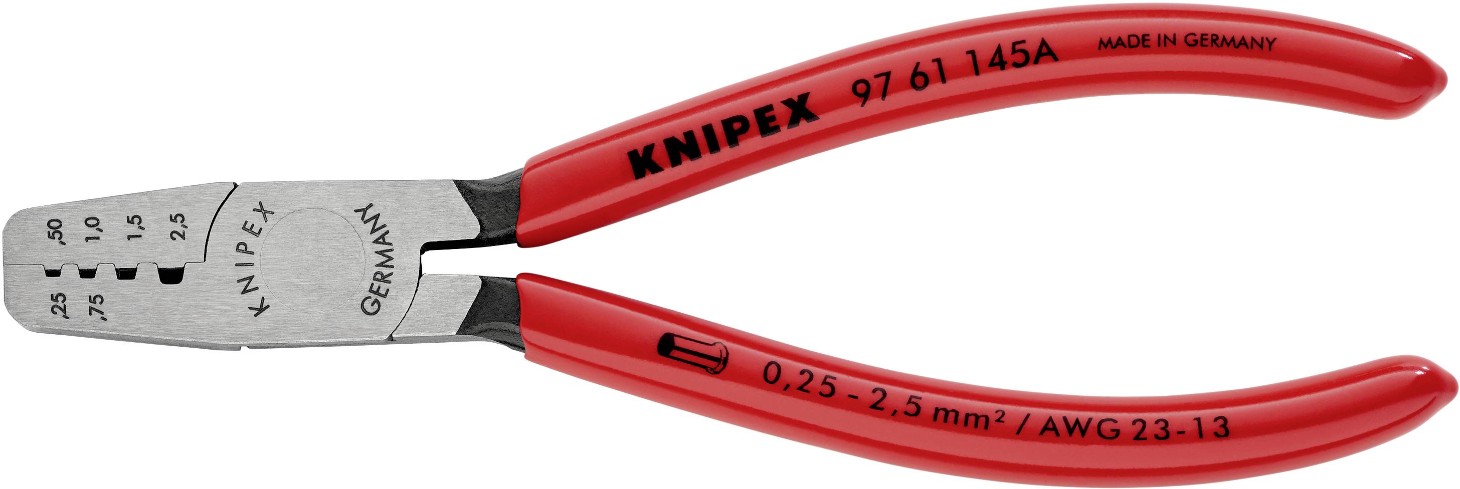 Avbildad är en röd crimptång från märket Knipex med skalor för trådtjocklekar mellan 0,25 och 2,5 mm².