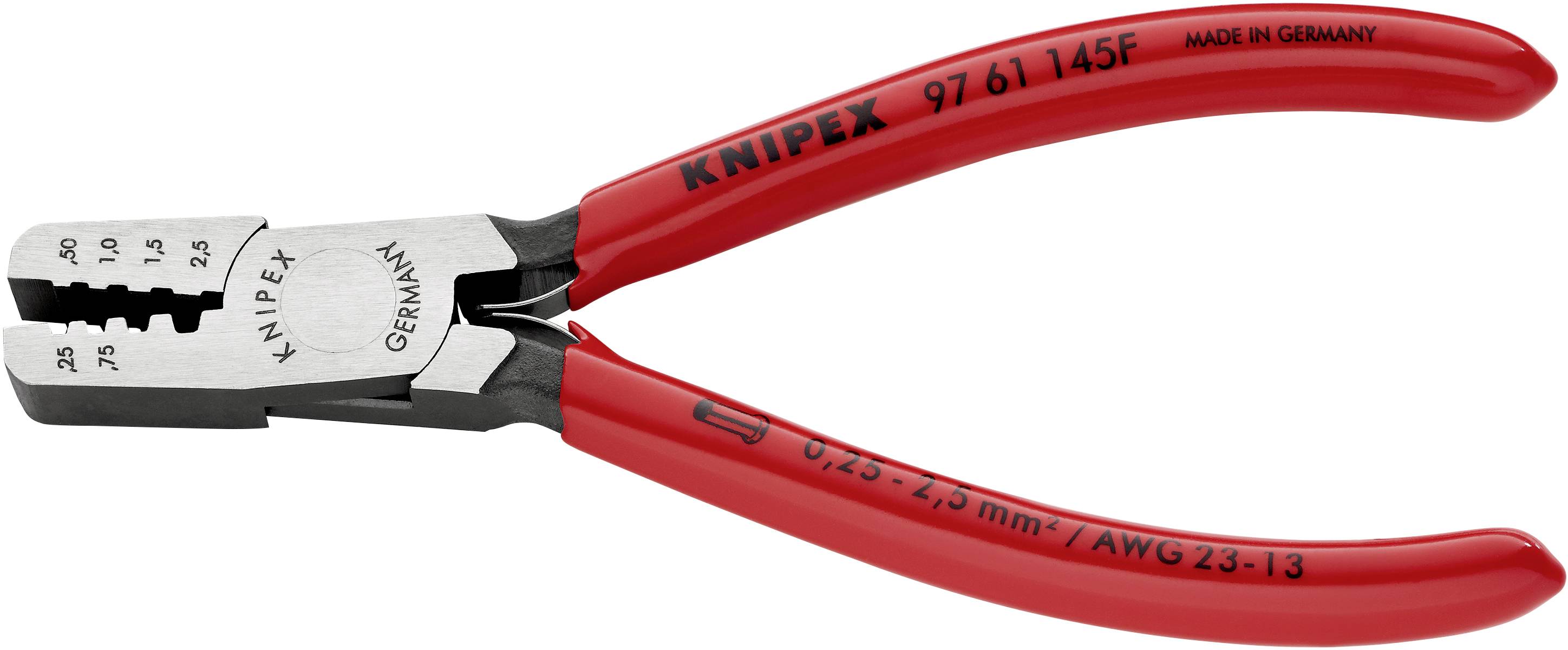 Röd KNIPEX kabelskotång med svarta käftar, lämplig för ändhylsor från 0,25-2,5 mm². 'MADE IN GERMANY' och '97 61 145F' är synliga.