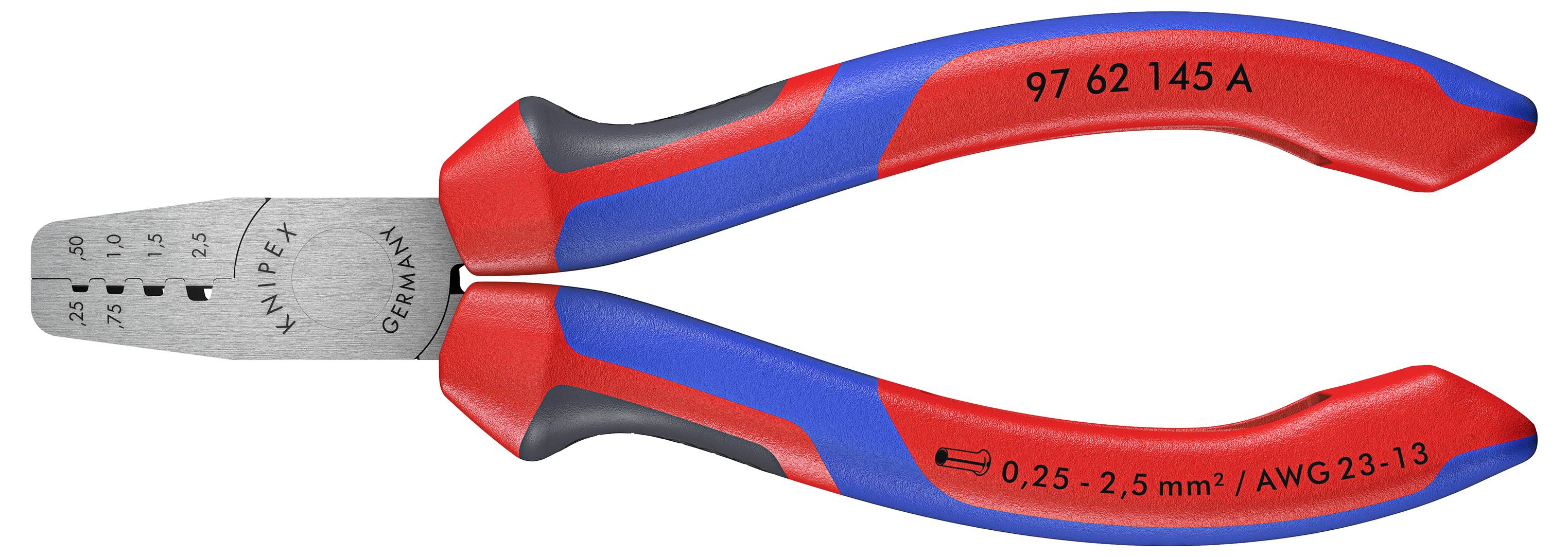 Tång med röd och blå handtag, för elektroniskt arbete, visar mått för trådtjocklekar från 0,25 till 2,5 mm² och AWG 23-13.