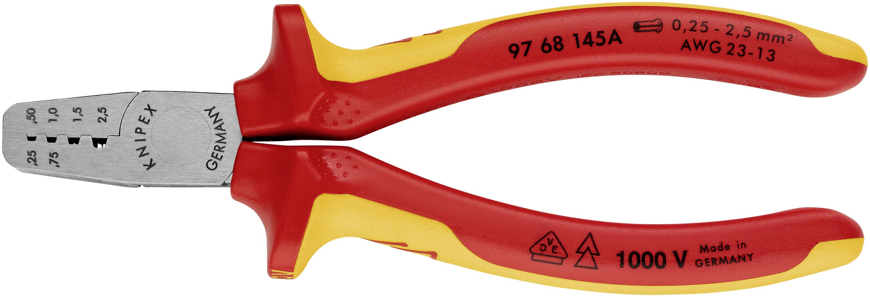 Isolerad avisoleringstång med röd och gul handtagsfärg, lämpad för kabeldimensioner från 0,25 till 2,5 mm², upp till 1000V.