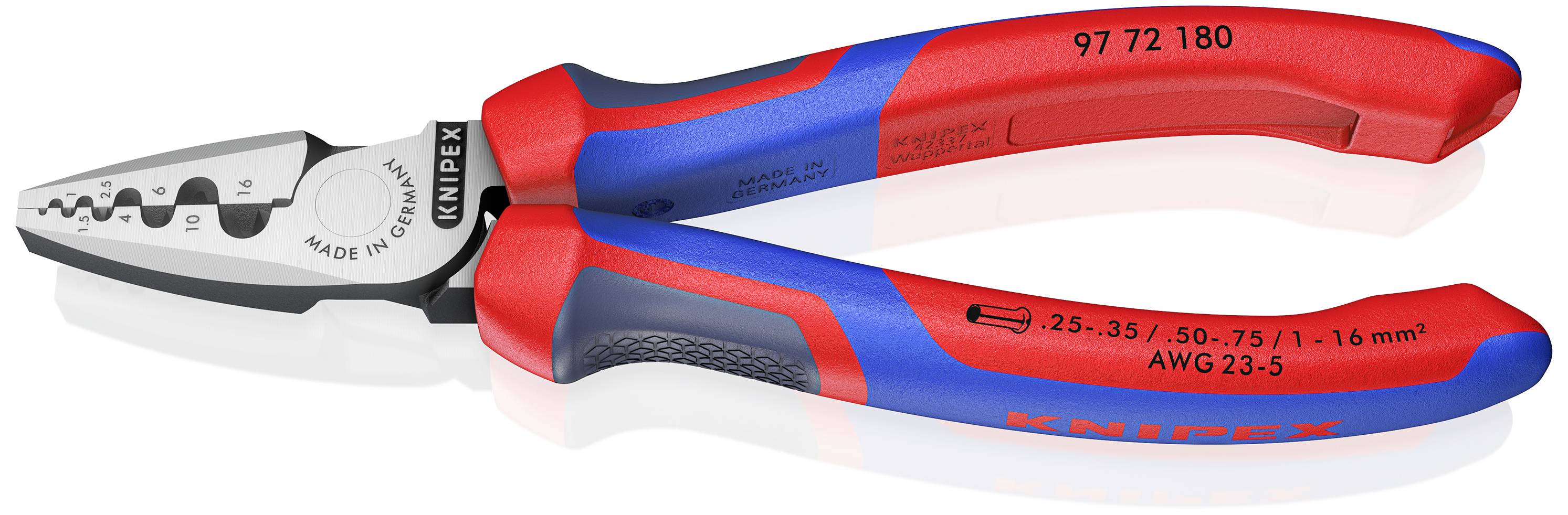 Röd och blå kombinationstång med Knipex-logotyp. Skär- och gripytor med gravyr 'Made in Germany'. Lämplig för olika typer av tråd.