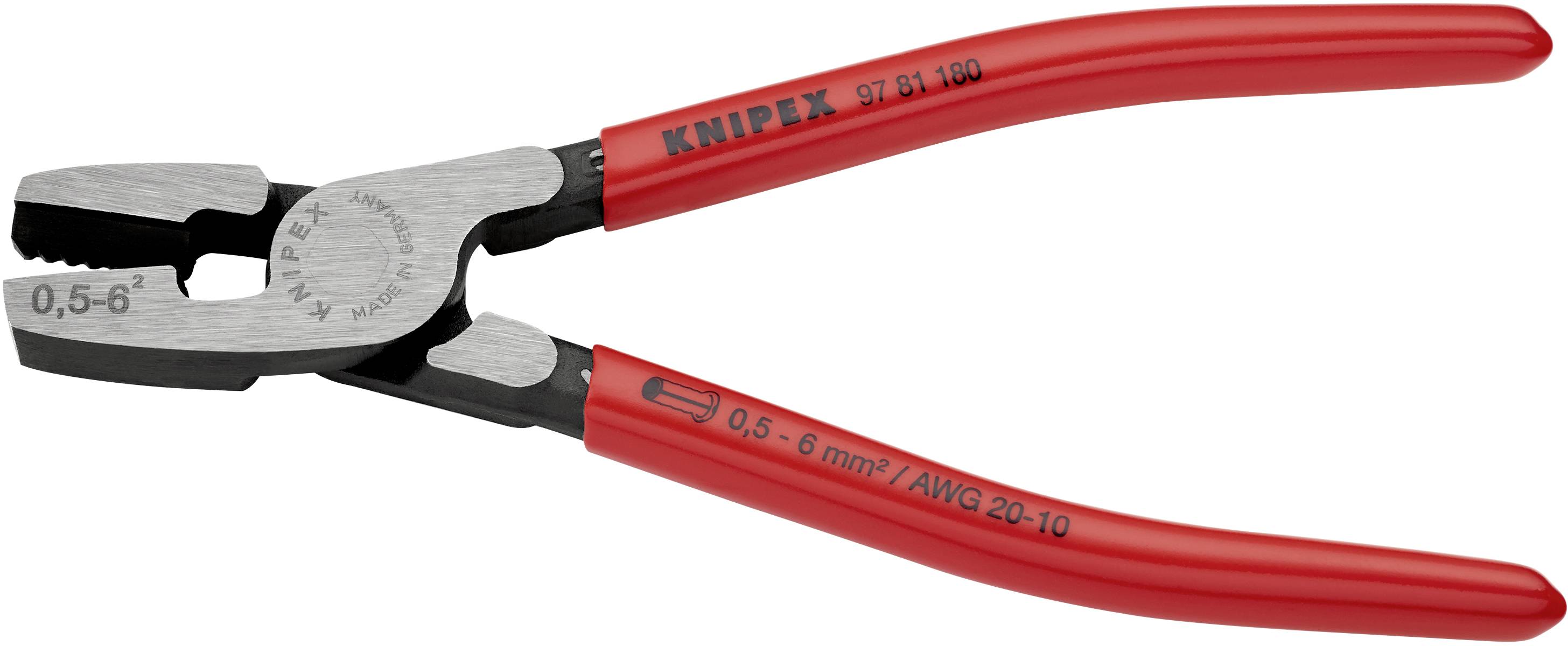 En röd crimptång med märkningen 'Knipex 97 61 180' och präglingar '0,5-6 mm² / AWG 20-10' på handtagen.
